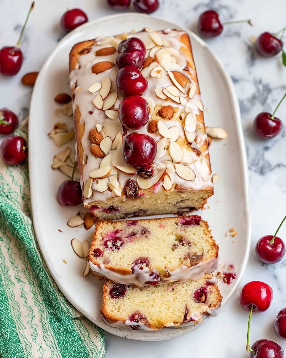 A loaf cake placed on a white oval plate with two slices cut and laid in front, showing a soft, light beige interior mixed with dark red cherry pieces throughout. The top of the cake is drizzled with white icing and sprinkled with sliced light brown almonds, and fresh halved dark red cherries are scattered on the icing line in the center. The cake crust is golden brown, and the plate sits on a white marbled surface with whole cherries and a green-striped cloth beside it. photo taken with an iphone --ar 4:5 --v 7
