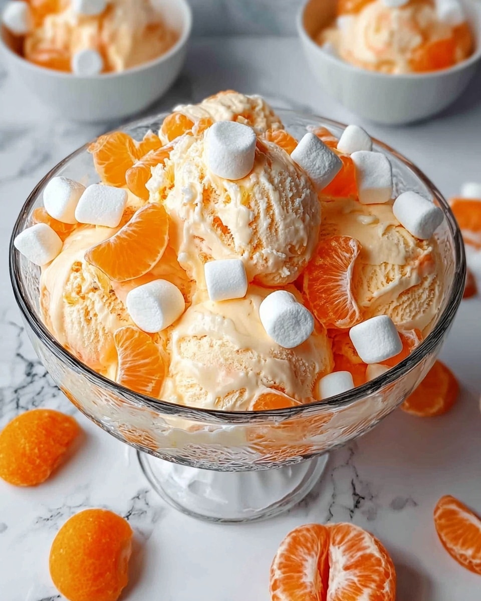 A large clear glass bowl filled with several scoops of light orange and creamy textured ice cream, topped with white mini marshmallows and bright orange mandarin segments placed evenly on top. Around the bowl on a white marbled surface, there are additional mandarin pieces and two small white bowls containing more ice cream with mandarin slices. The overall look is fresh, colorful, and inviting. Photo taken with an iphone --ar 4:5 --v 7