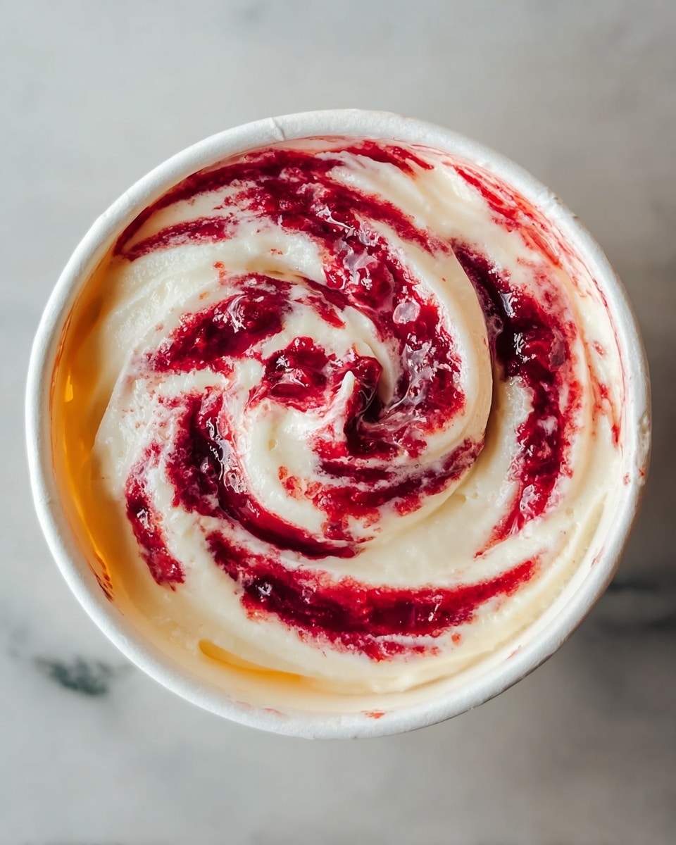 A close-up top view of a white cup filled with swirled creamy white and deep red layers, the white layer smooth and soft, mixed with vibrant red fruit spread with a slightly chunky texture, arranged in a spiral pattern creating a marbled effect. The cup sits on a white marbled surface. photo taken with an iphone --ar 4:5 --v 7