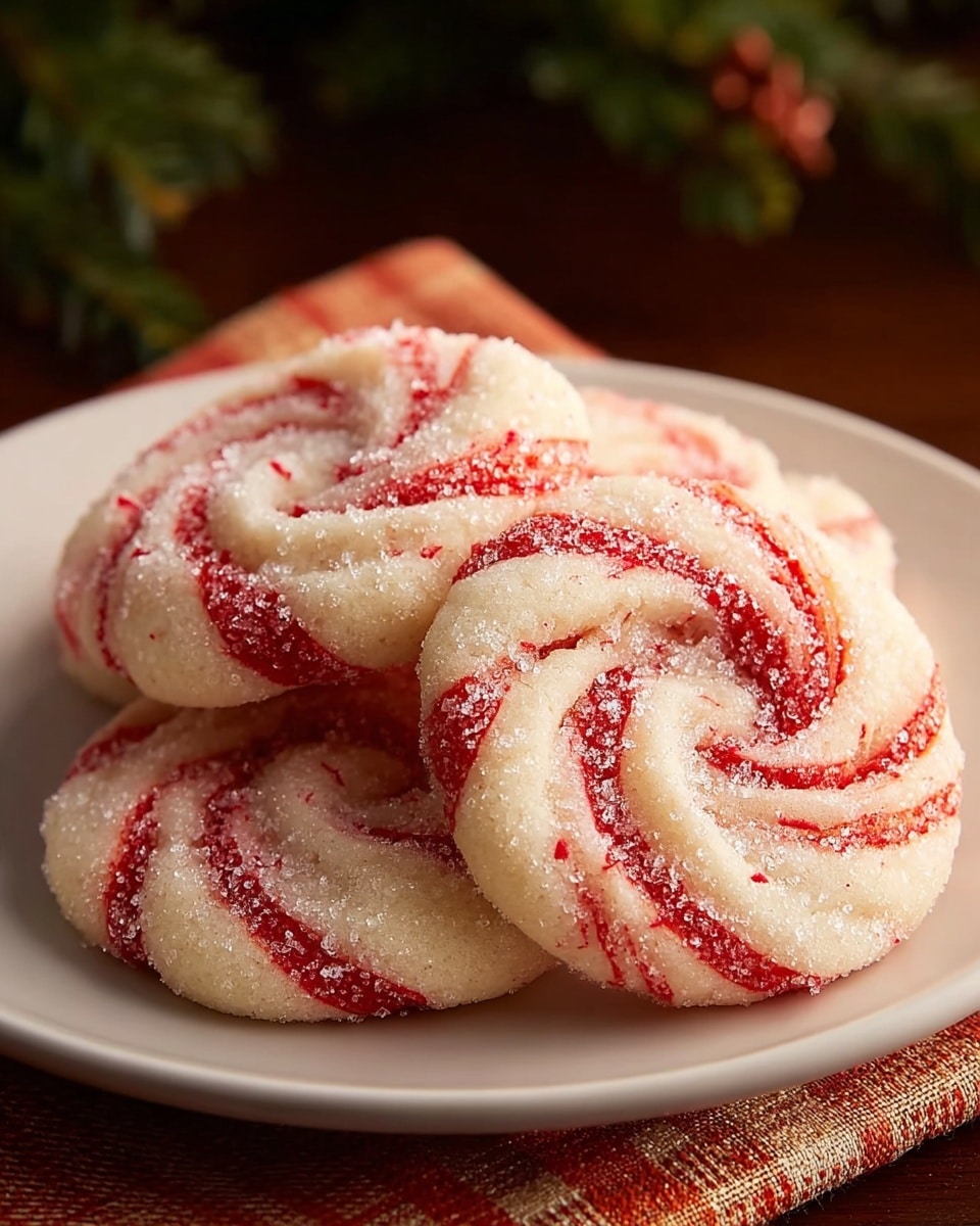 A white round plate holds four round cookies stacked in a loose pile. Each cookie has a swirl pattern made of creamy white dough mixed with thin red stripes, resembling peppermint candy. The surface of the cookies is covered in coarse white sugar crystals that sparkle in the light. The plate sits on top of an orange and cream checkered cloth, set against a blurred background with a warm brown tone and some green foliage. photo taken with an iphone --ar 4:5 --v 7