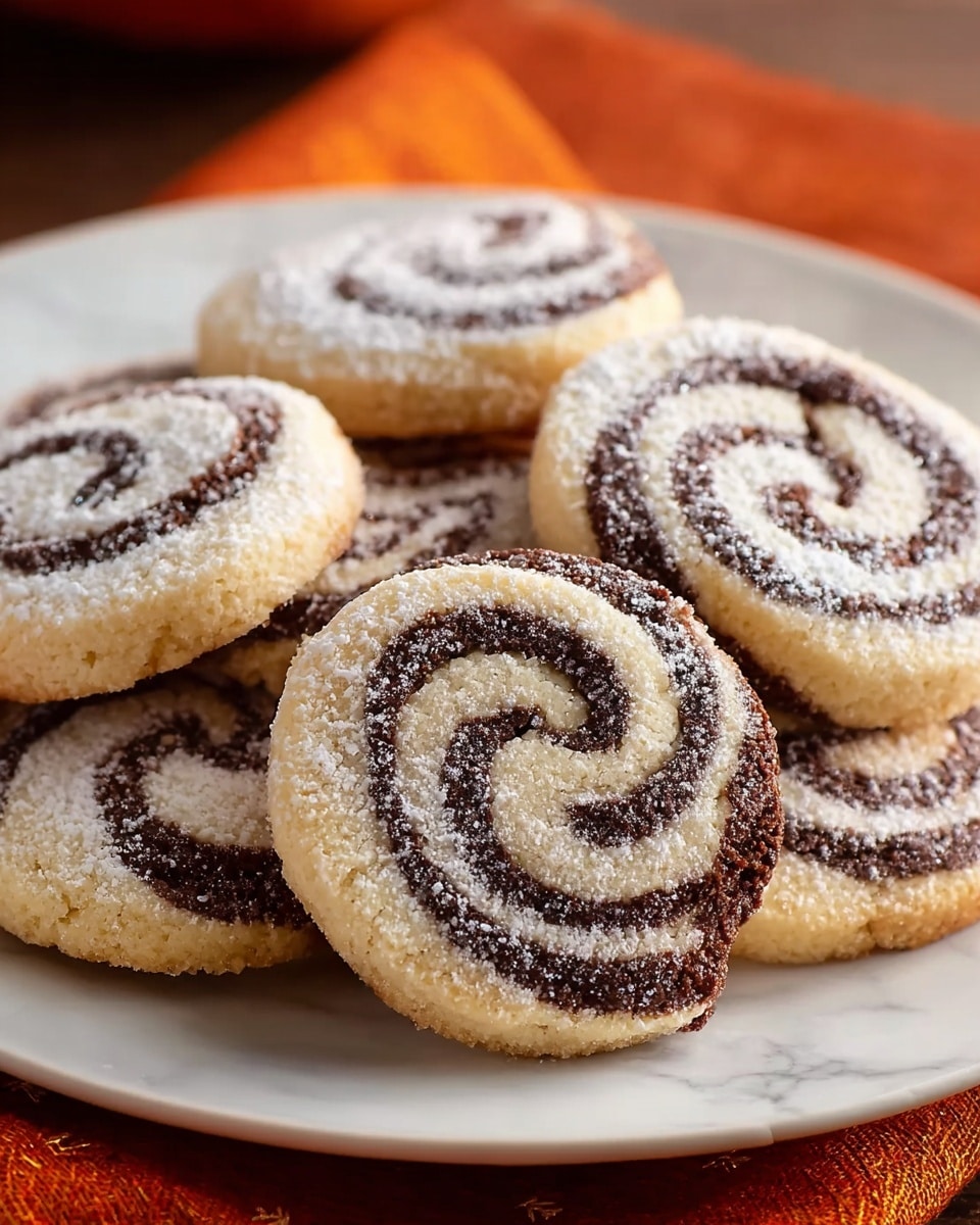 A pile of round swirl cookies arranged on a white plate, each cookie has two visible layers: a light tan dough and a dark brown chocolate dough twisted together to form a spiral pattern. The cookies are covered with a layer of fine powdered sugar that adds a snowy texture on top of the swirls. The plate sits on an orange cloth, with a soft focus white marbled texture in the background. photo taken with an iphone --ar 4:5 --v 7