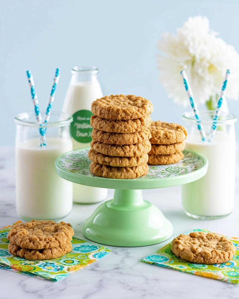 A green round cake stand holds three stacks of golden brown cookies; the tallest stack has six cookies, two shorter stacks have three cookies each, and one cookie lies flat on the stand displaying a slightly cracked texture. The cookies have a crumbly surface with sugar crystals sprinkled on top. Next to the cookie lying flat, there are three small white flowers with yellow centers. The stand is placed on a white marbled surface with a blurred white cup and blue polka-dotted straws in the background. photo taken with an iphone --ar 4:5 --v 7