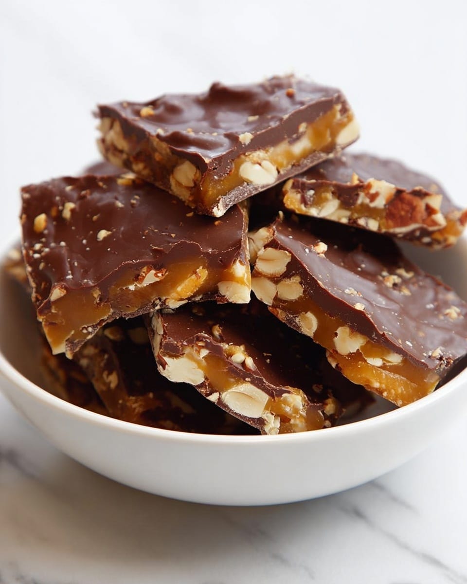 The image shows a white bowl filled with several pieces of a layered dessert bar. Each piece has two visible layers: a thick, glossy dark brown chocolate layer on top with slight uneven texture, and a light golden caramel layer underneath embedded with whole and broken nuts, giving a crunchy look. The bars are cut into irregular rectangles and stacked casually inside the bowl. The background is a white marbled texture. photo taken with an iphone --ar 4:5 --v 7