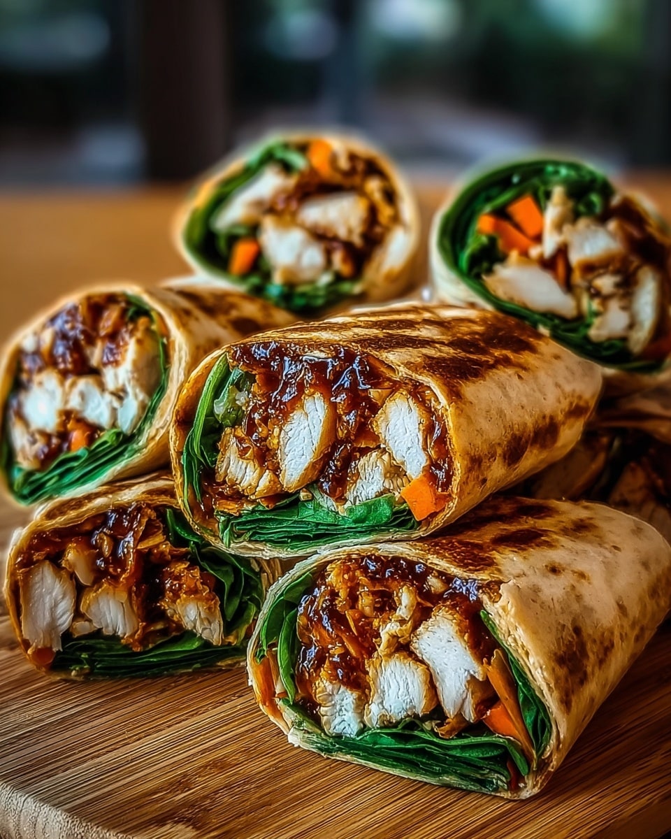 The image shows several wraps cut in half and arranged on a wooden board. Each wrap has a light brown, grilled tortilla on the outside with a slightly crispy texture. Inside, there are three main layers: the bottom layer is bright green fresh spinach leaves, the middle layer consists of white chicken pieces covered in a dark, rich sauce, and small bits of orange carrot are scattered throughout. The wraps are stacked in two groups, with one group closer to the camera, showing a clear and detailed view of the filling inside. The background is softly blurred, focusing attention on the wraps. Photo taken with an iphone --ar 4:5 --v 7