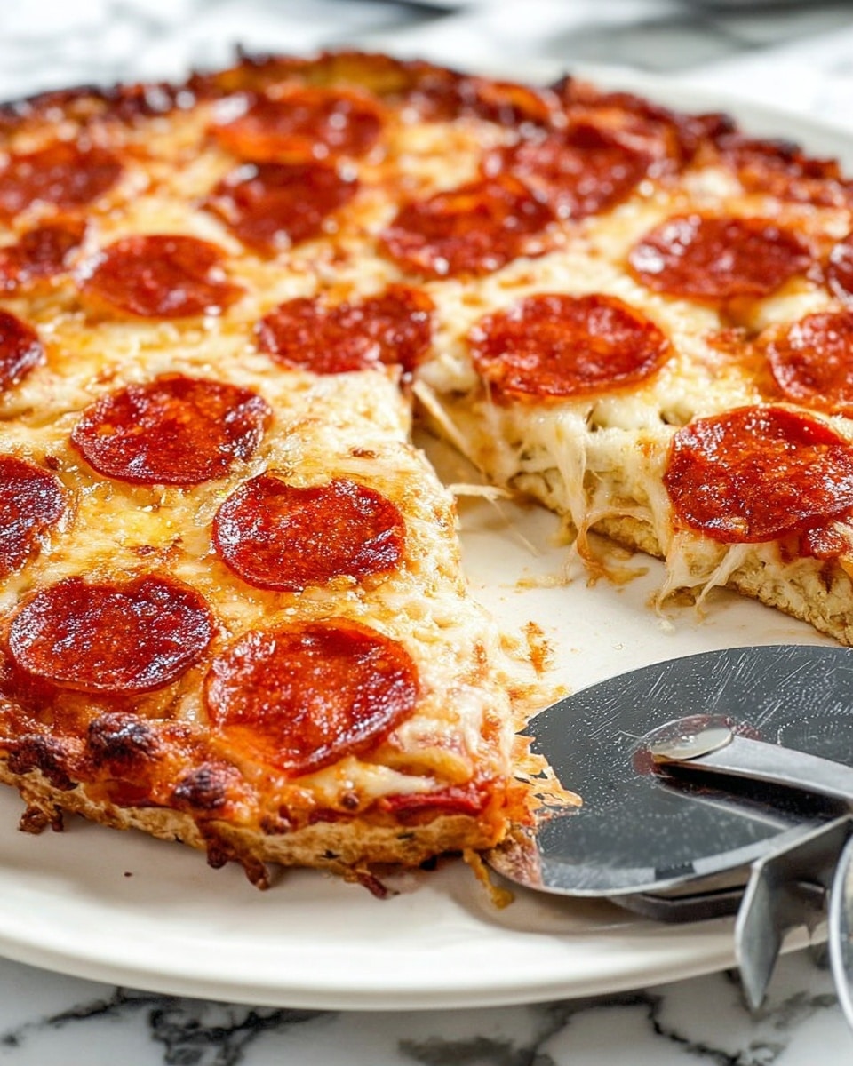 A close-up of a pepperoni pizza on a white plate with a thin crust that is slightly browned on the edges. The pizza has one slice cut out, showing the layers inside: a base layer of red tomato sauce, a thick layer of melted, bubbly, golden-brown cheese, and round, red pepperoni slices on top. In front of the pizza, a metallic pizza cutter with a black handle rests on the plate. The scene is set on a white marbled surface. Photo taken with an iphone --ar 4:5 --v 7