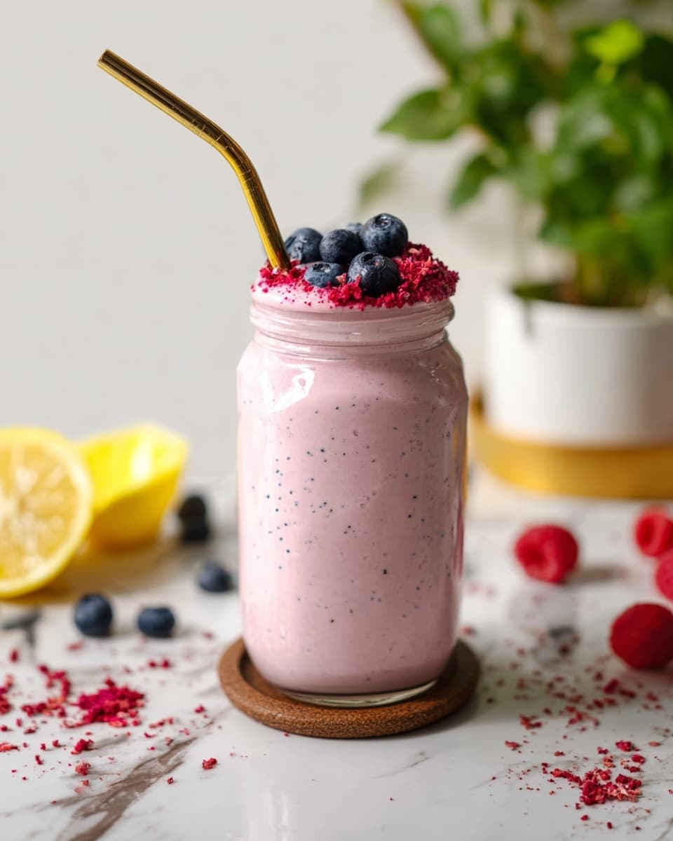 A tall clear glass jar filled with a light pink smoothie showing small berry specks throughout. The top layer is frothy with a rich pink color, garnished with several whole blueberries and red berry crumbs scattered on top. A shiny gold metal straw is placed inside the jar. The jar sits on a round brown coaster on a white marbled texture surface. Around it, there are lemon slices, scattered blueberries, and raspberries visible, along with part of a green potted plant in a white pot in the background. Photo taken with an iphone --ar 4:5 --v 7