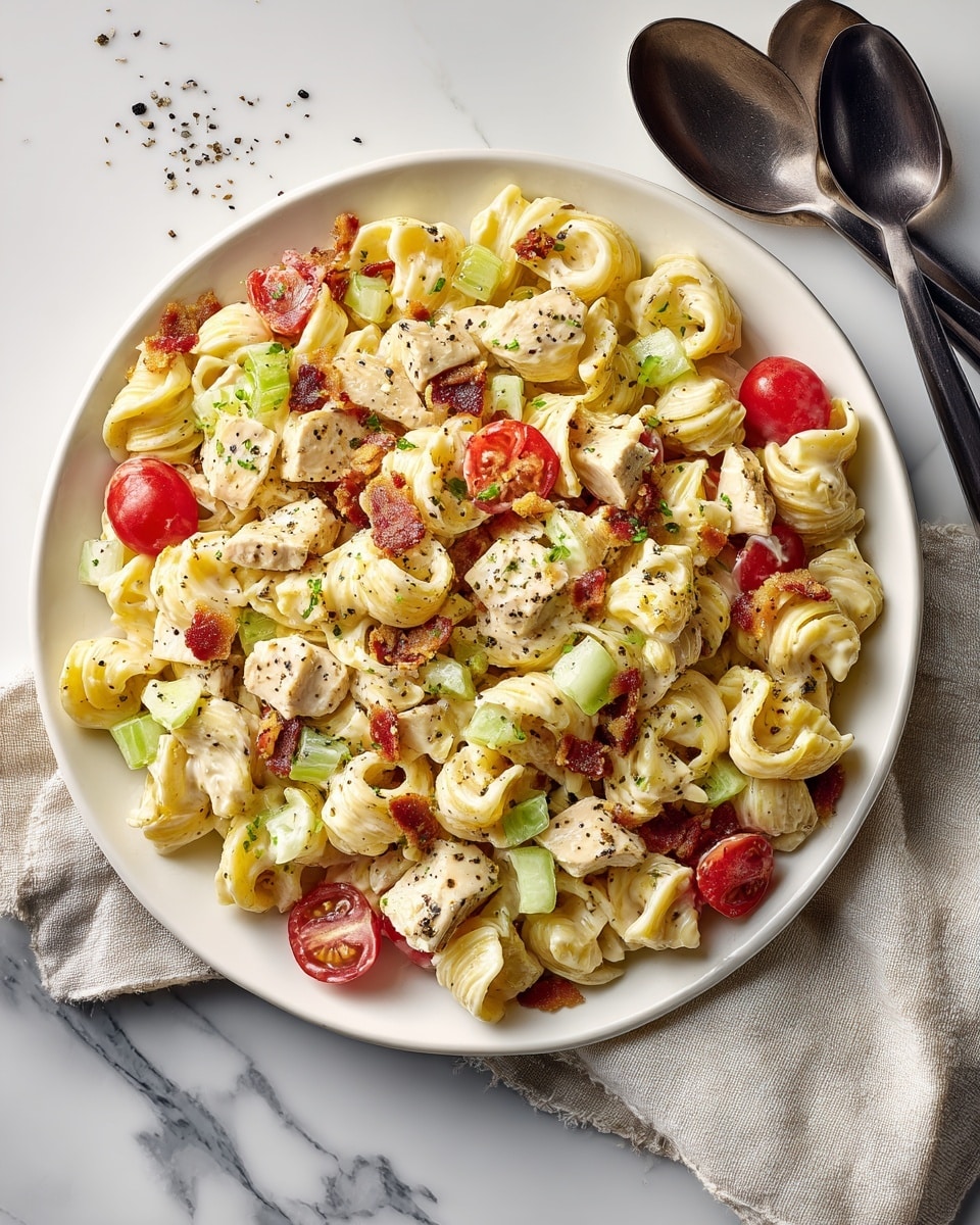 A white plate is filled with a creamy pasta salad that has multiple layers and colors. The base is yellow, curly pasta pieces mixed with light green celery chunks and red cherry tomato halves. Scattered throughout are white cheese cubes and pieces of cooked chicken. Small bits of crispy brown bacon add texture. The dish is sprinkled with coarse black pepper, adding small black specks across the top. The plate is placed on a white marbled surface next to two large dark serving spoons on a light cloth. photo taken with an iphone --ar 4:5 --v 7