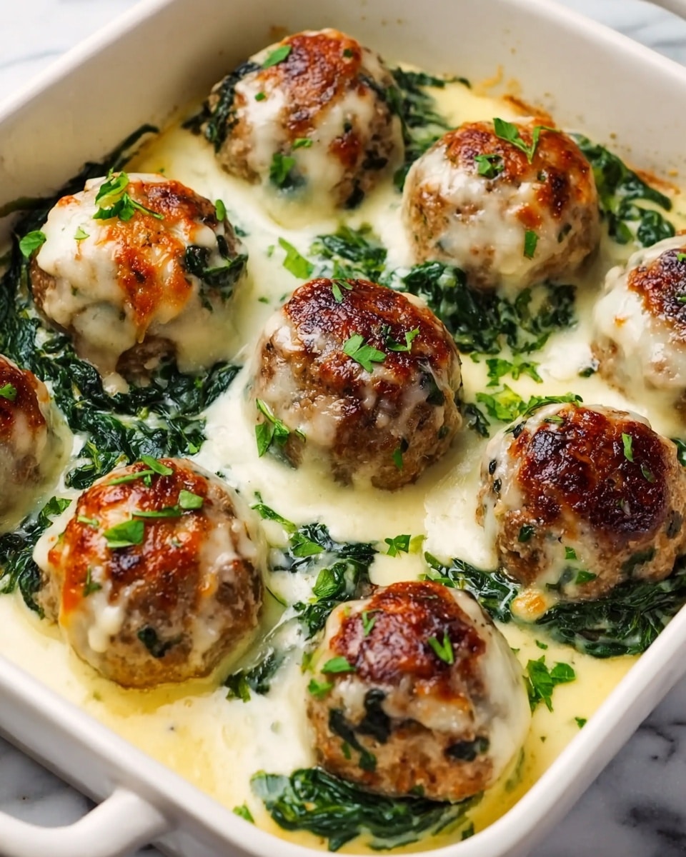 The image shows a white rectangular baking dish filled with eight browned meatballs placed closely together. Each meatball has a golden-brown toasted top with a creamy white melted cheese layer draped over parts of them. Underneath the meatballs, there is a light yellow creamy sauce mixed with cooked dark green leafy vegetables, adding texture and color contrast. Small chopped fresh green herbs are sprinkled over the meatballs and sauce, enhancing the dish's freshness. The dish sits on a white marbled surface. photo taken with an iphone --ar 4:5 --v 7