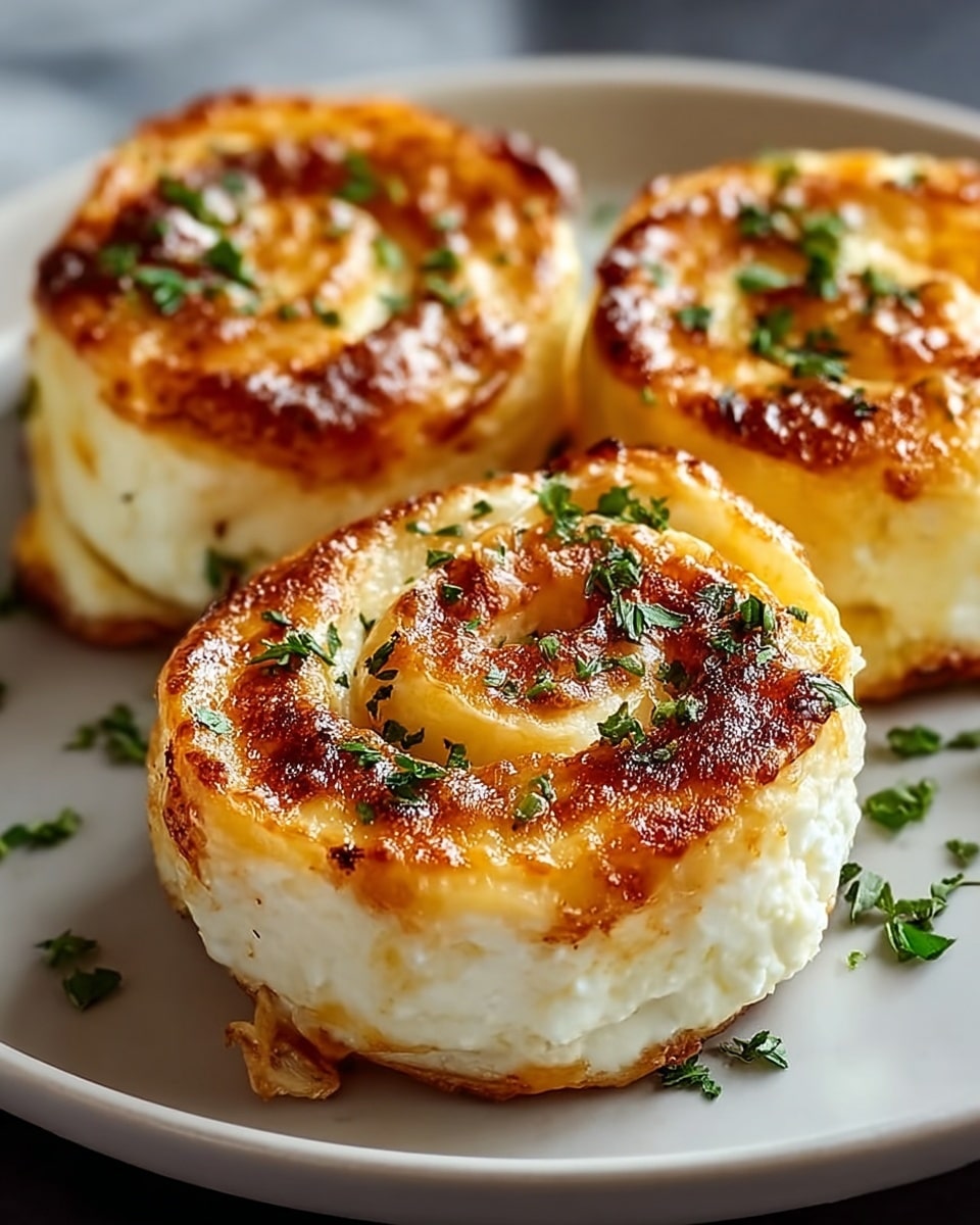 Three cheese roll-ups sit on a white plate with a smooth matte texture, placed on a white marbled surface. Each roll-up has two distinct layers: the bottom layer is a creamy white, soft cheese with a slightly crumbly texture, while the top layer is a golden-brown melted cheese forming a shiny, caramelized, and slightly bubbly spiral. The tops are lightly sprinkled with small pieces of fresh green herbs, adding color contrast and freshness. The edges of the top layer are browned with a crispy texture, showing the cheese’s melted and baked nature. Photo taken with an iphone --ar 4:5 --v 7