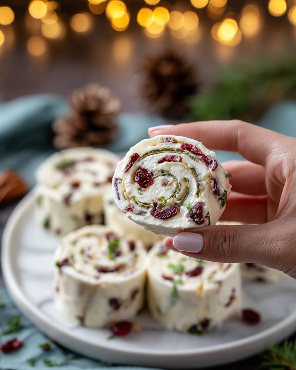 The image shows a white plate holding nine round cream cheese pinwheel rolls. Each pinwheel has a white tortilla outer layer rolled tightly around a creamy white cheese filling mixed with red dried cranberries and small green chive pieces. The rolls are arranged close together in the center of the plate. Fresh whole cranberries and green pine needles are placed around the pinwheels on the plate. The plate sits on a white marbled surface with pinecones and soft yellow string lights nearby, creating a cozy festive look. Photo taken with an iphone --ar 4:5 --v 7