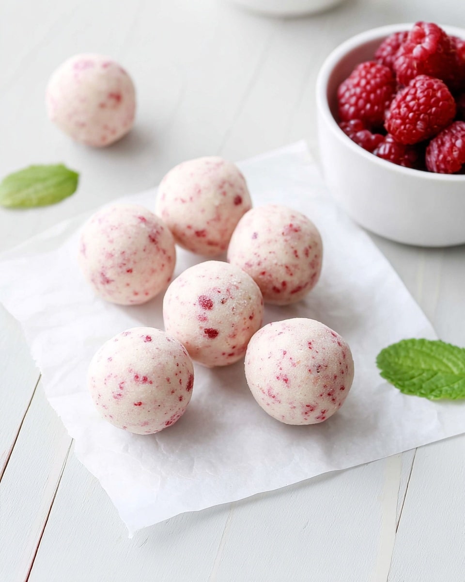 Six round, pale pink balls with tiny red specks are placed on a piece of white parchment paper, arranged in a loose cluster on a white marbled surface. One small bright green leaf rests near the balls, adding a contrast of color. In the top right corner, there is a small white bowl filled with fresh, deep red raspberries, along with another green leaf. The overall look is soft and light, featuring smooth textures with a few grainy spots on the pink balls. photo taken with an iphone --ar 4:5 --v 7