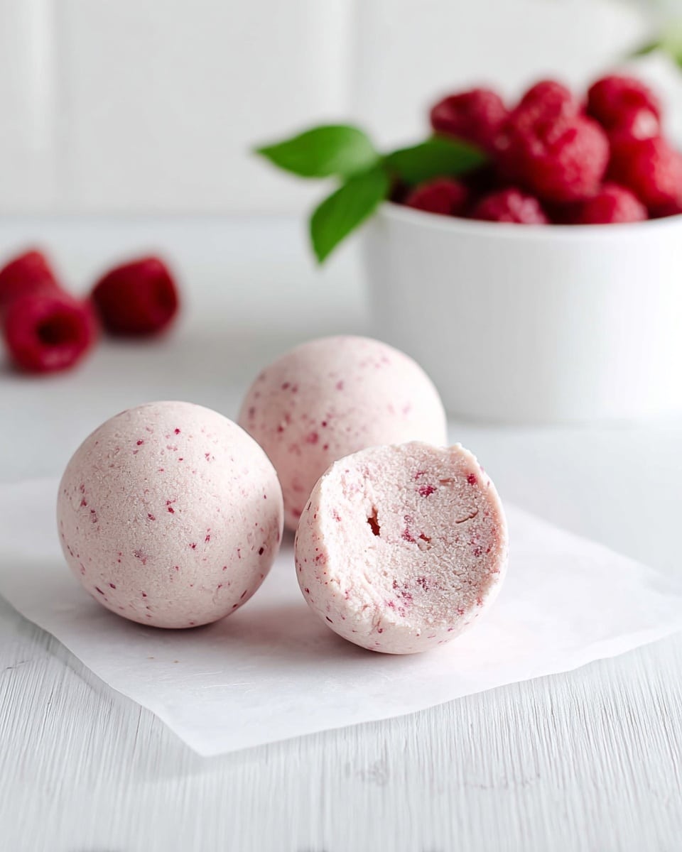 The image shows three round, light pink balls with small darker pink specks inside, arranged on a piece of white paper on a white marbled texture surface. One ball is in the middle and is bitten to show a soft, crumbly texture with some small air holes, while the other two are whole and smooth. In the background, slightly out of focus, is a white bowl filled with bright red raspberries and a green leaf. The overall setting is bright and minimal. photo taken with an iphone --ar 4:5 --v 7