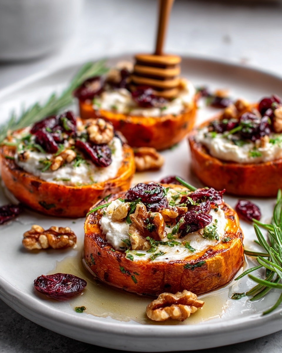 Four thick round slices of roasted orange sweet potato are placed on a white plate over a white marbled texture. Each sweet potato slice is topped with a smooth, creamy white cheese spread, sprinkled with finely chopped green herbs. On top of the cheese are dark red dried cranberries and whole walnuts adding texture and color contrast. Extra walnuts and dried cranberries are scattered around the plate, along with a drizzle of golden honey or syrup. A sprig of fresh green rosemary lies on the side of the plate. A blurred wooden fork is pressed gently into one sweet potato slice in the background. photo taken with an iphone --ar 4:5 --v 7