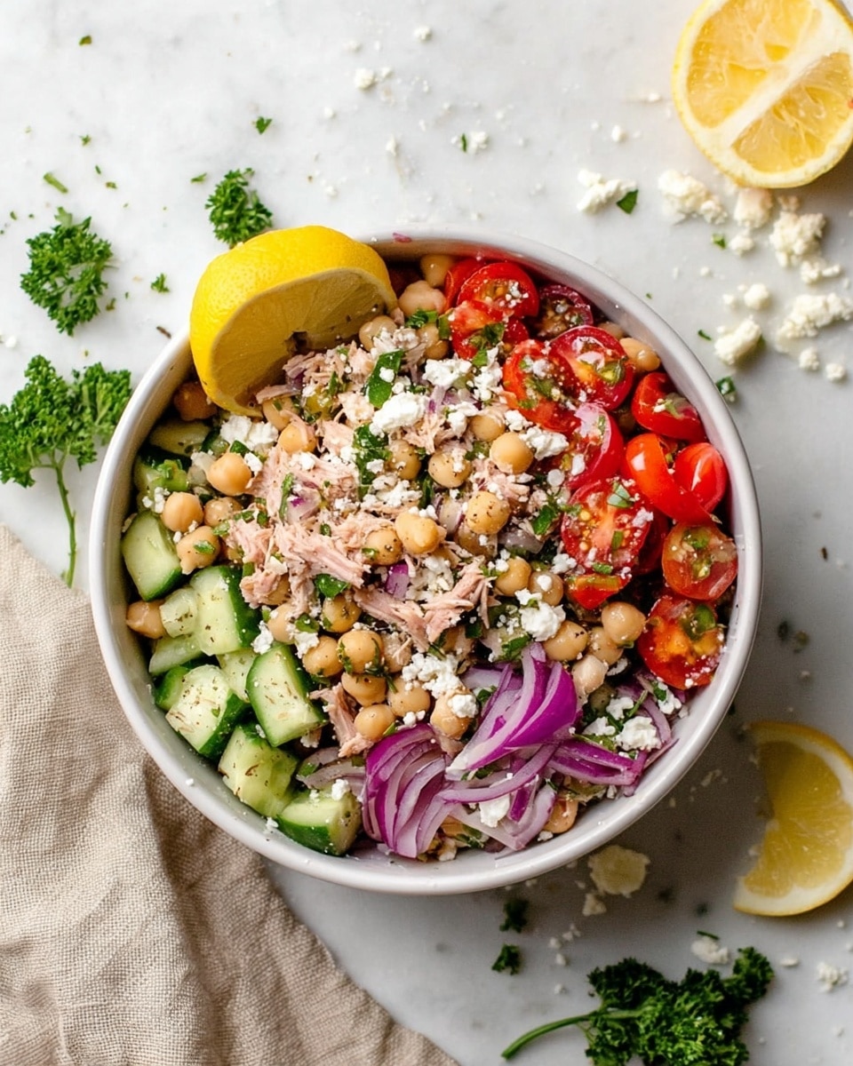 The image shows a white bowl filled with a colorful salad on a white marbled surface. The salad has several layers: the bottom layer is light beige chickpeas, mixed with pieces of light pink tuna. On top, there are slices of bright red cherry tomatoes and vibrant green cucumber chunks, scattered with thin strips of purple red onion. The salad is sprinkled with white crumbled cheese and finely chopped green herbs. Two lemon wedges rest on one side of the bowl, adding a pop of yellow. Around the bowl, there are some sprigs of green parsley, some scattered cheese crumbles, and a beige cloth napkin. Photo taken with an iphone --ar 4:5 --v 7