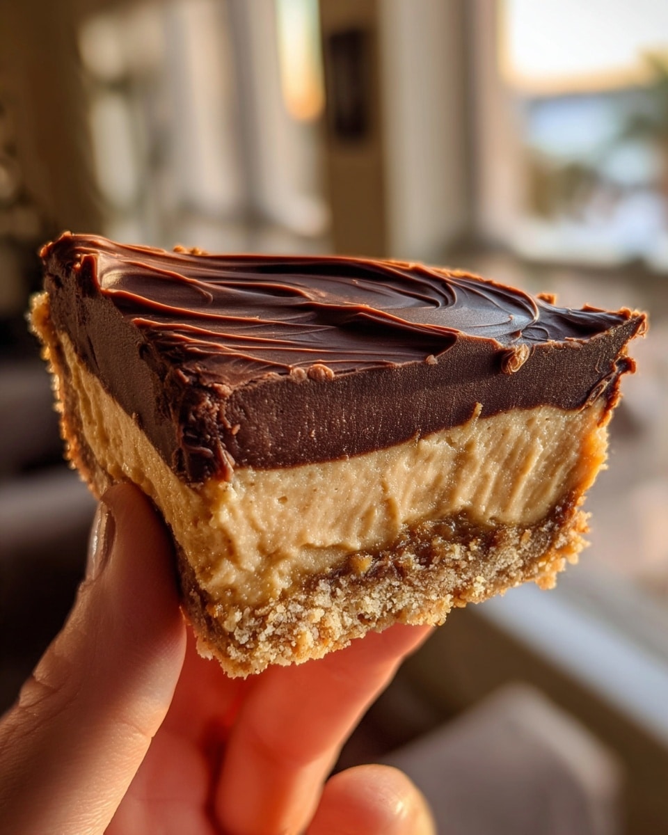 A close-up image of a dessert slice held by a woman's hand showing three distinct layers: the bottom layer is a crumbly, golden brown crust with a rough texture, above it is a thick, smooth, light tan creamy layer with some soft folds, and the top layer is a glossy, rich dark chocolate ganache with swirl patterns on the surface. The background features a soft focus with warm light coming through windows, and the photo is taken with an iphone --ar 4:5 --v 7