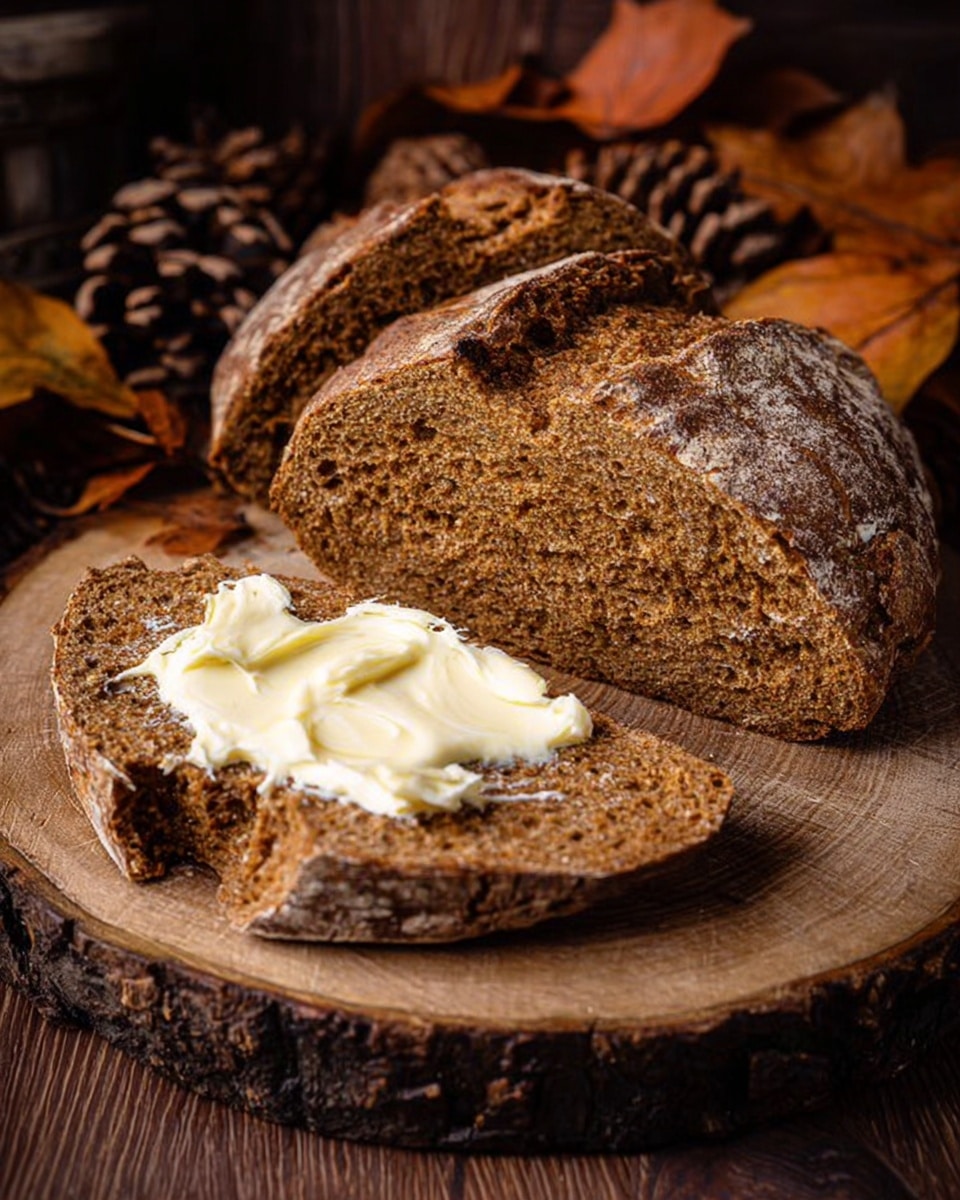 A rough round piece of dark brown bread with a coarse texture is sliced into two large thick pieces on a rustic wooden round board. One slice lies flat with creamy pale yellow butter unevenly spread on the surface, showing soft swirls and slight melting, and has a large bite taken from one edge. Behind it, the second slice stands upright, revealing a dense, grainy inside texture of the bread. The background includes warm brown tones with pinecones and autumn leaves adding a cozy feeling, while the table beneath is a dark wooden surface. Photo taken with an iphone --ar 4:5 --v 7