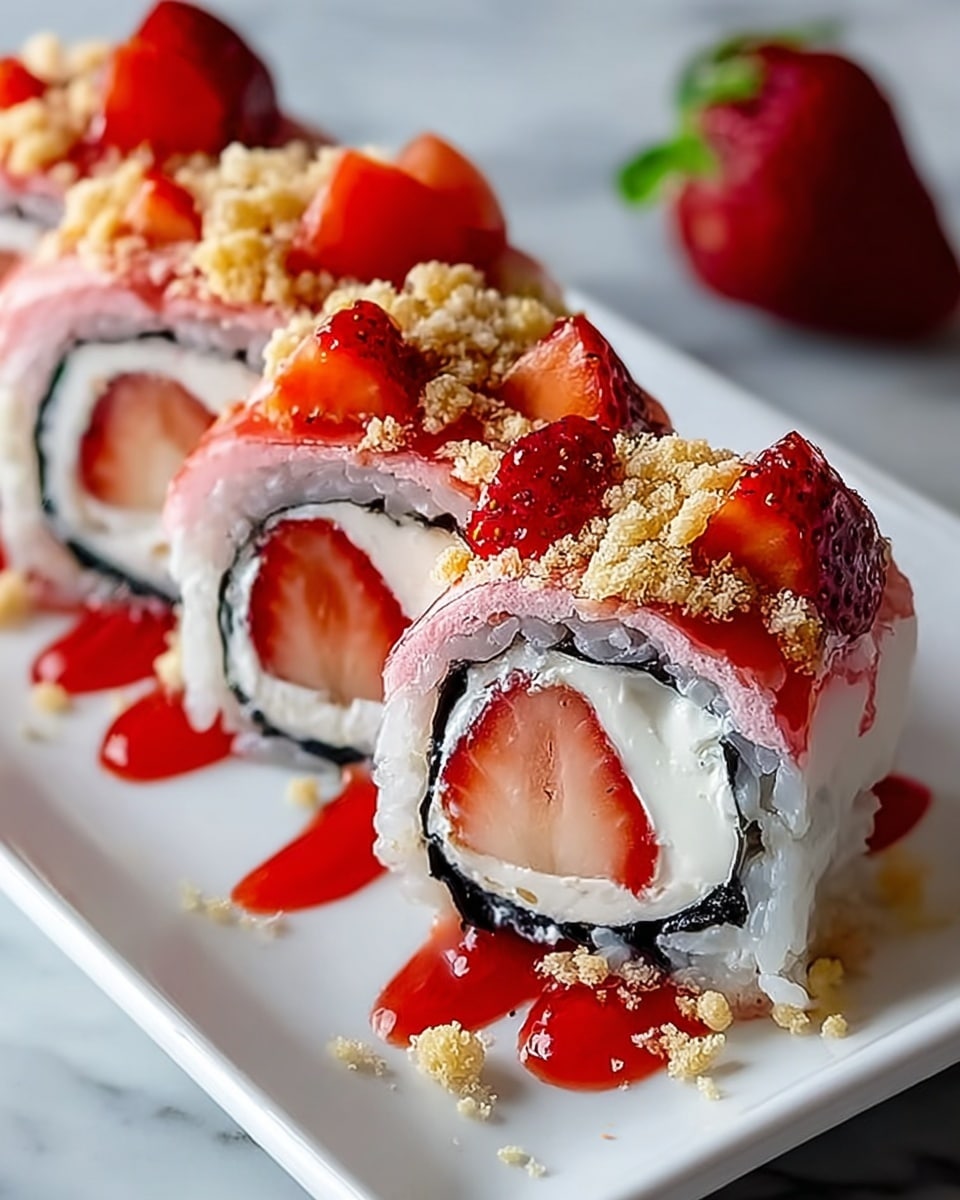 A close-up of a dessert sushi roll placed on a white rectangular plate on a white marbled surface. The sushi roll has four visible pieces, each showing five layers: the innermost layer is a whole red strawberry, surrounded by a white creamy filling, wrapped in a thin black nori sheet, then a thick layer of sticky white rice, and topped with a thin pink layer of strawberry-flavored mochi or similar wrap. A bright red strawberry sauce is drizzled over the roll and plate with small chunks of fresh strawberry on top. Golden crumbly bits are sprinkled generously on the roll, adding texture and color contrast. Photo taken with an iphone --ar 4:5 --v 7
