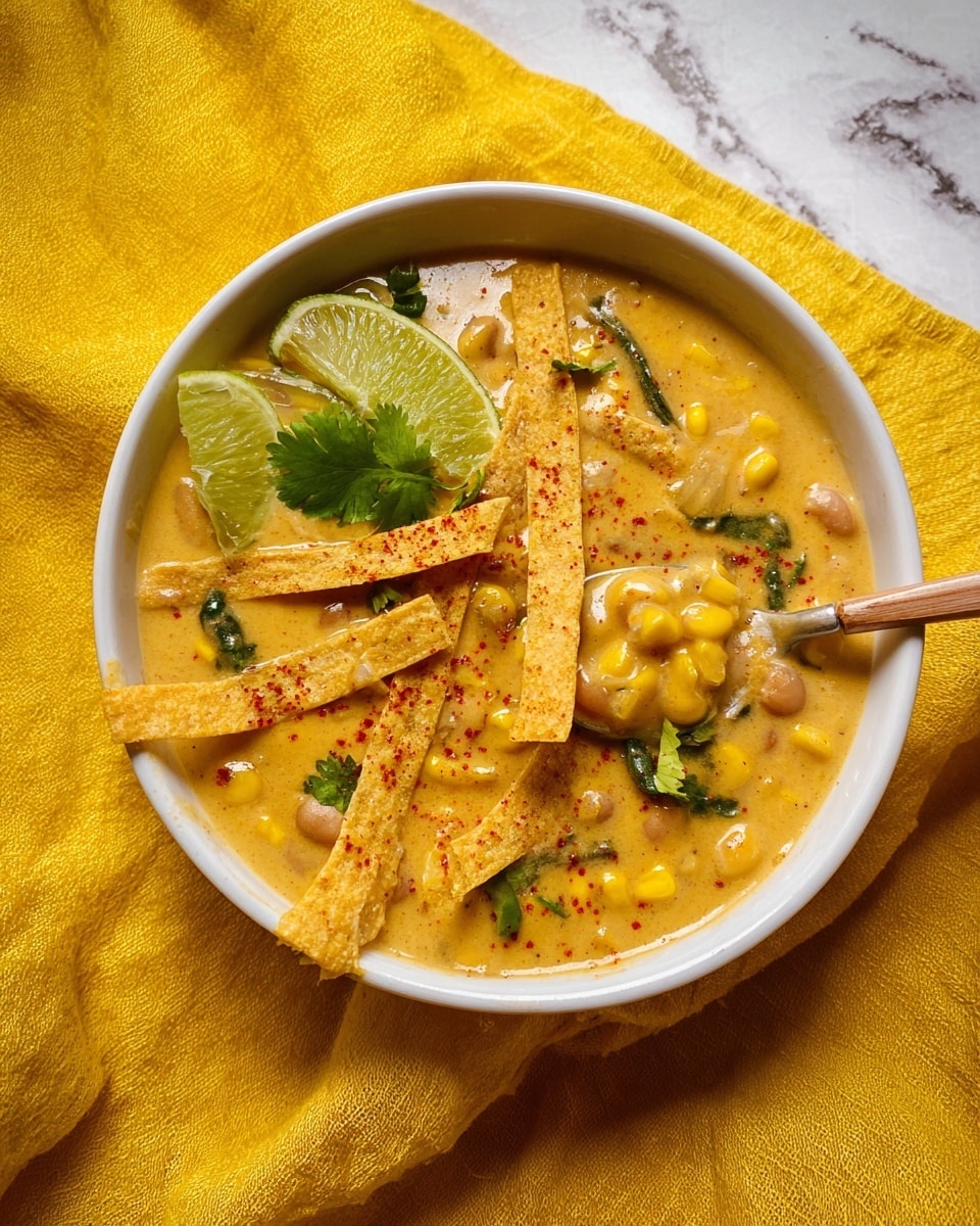 A white bowl filled with creamy yellow soup that has a thick texture and visible pieces of corn, beans, and green vegetables mixed inside. On top, there are several long, thin, crispy strips sprinkled with red spice, arranged diagonally. A wedge of lime sits on the side inside the bowl, and a small green cilantro leaf adds a fresh touch on the surface. A spoon with a light brown handle is scooping some soup, showing the chunky ingredients clearly. The bowl rests on a bright yellow cloth with a white marbled texture underneath. Photo taken with an iphone --ar 4:5 --v 7