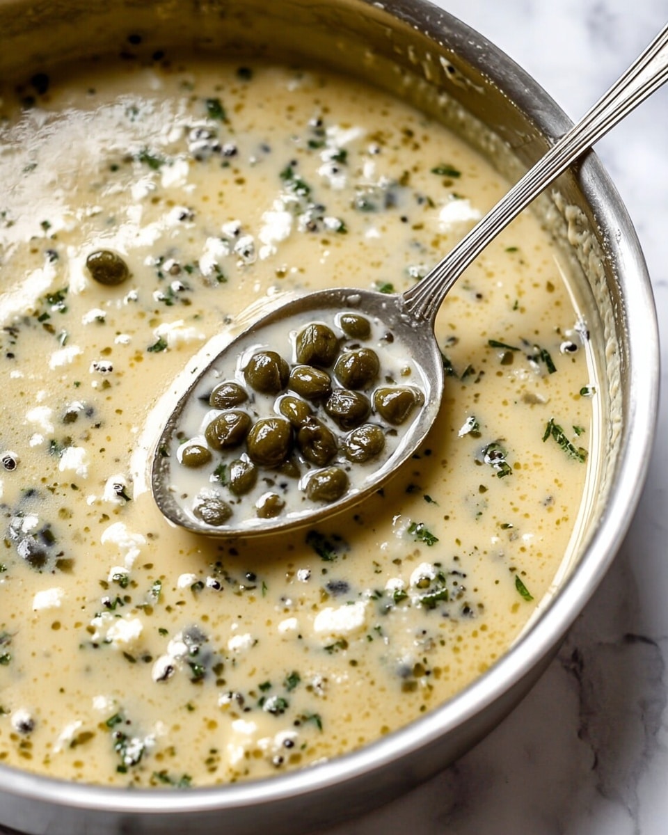 The image shows a shallow, silver pan filled with a light beige creamy sauce with a smooth texture, mixed with small chunks of white and green herbs scattered evenly throughout. There are glossy, dark green capers floating on top, mostly gathered in the center on a silver spoon that is partially submerged in the sauce. The background is a white marbled texture with a soft focus, enhancing the details of the sauce and capers. Photo taken with an iphone --ar 4:5 --v 7