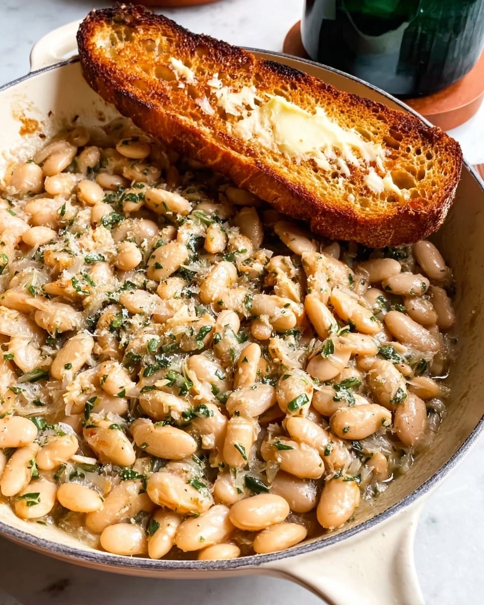 A white skillet filled with a creamy dish made of many soft white beans mixed with small bits of herbs and some sauce, giving it a slightly shiny, smooth texture; on the right side, there is a piece of golden brown toasted bread resting against the beans, showing a crispy texture with a light spread of butter on top; the skillet sits on a white marbled surface with a dark green jar and a brown object blurred in the background. photo taken with an iphone --ar 4:5 --v 7