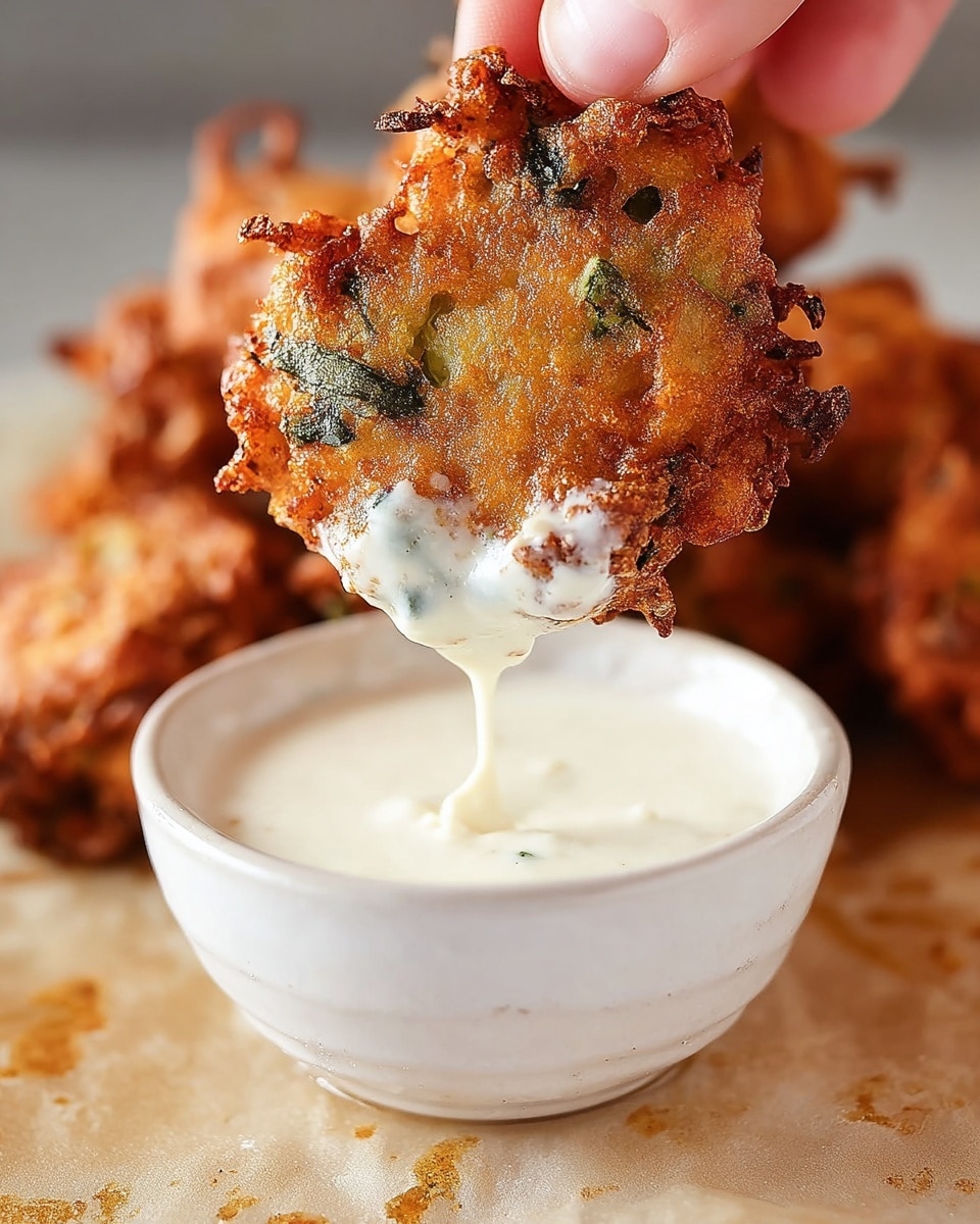 A close-up image shows a crispy, golden-brown fried fritter with green herbs and small bubbles on its rough surface, being held by a woman's hand just above a small white bowl filled with thick, white creamy dip that is dripping slightly over the bowl’s edge. The bowl is on a white marbled textured surface with a few oil spots, and blurred similar fritters are visible in the background. The lighting highlights the crunchy texture and the creamy dip's smoothness. photo taken with an iphone --ar 4:5 --v 7