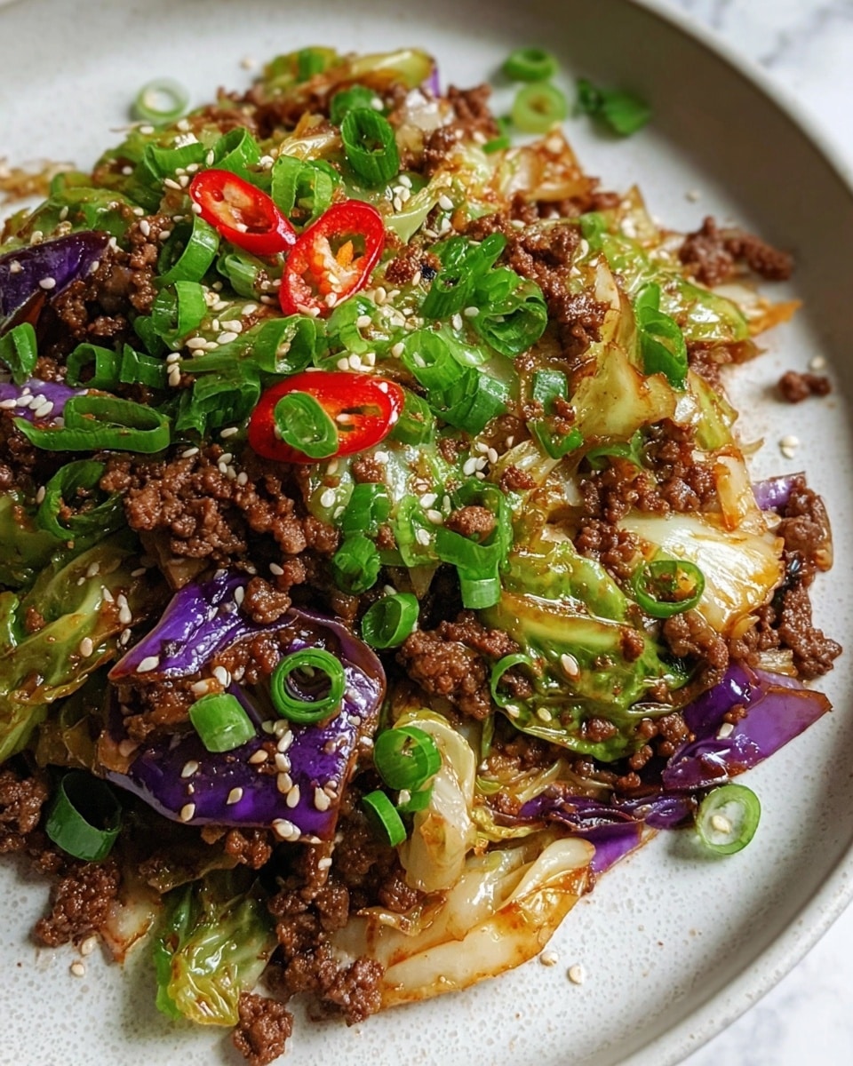 The dish shows a mix of browned ground meat layered with cooked cabbage pieces that have a mix of light green, white, and purple colors, topped with bright green chopped scallions, small red chili slices, and scattered white sesame seeds, all placed on a white plate set against a white marbled texture background. photo taken with an iphone --ar 4:5 --v 7