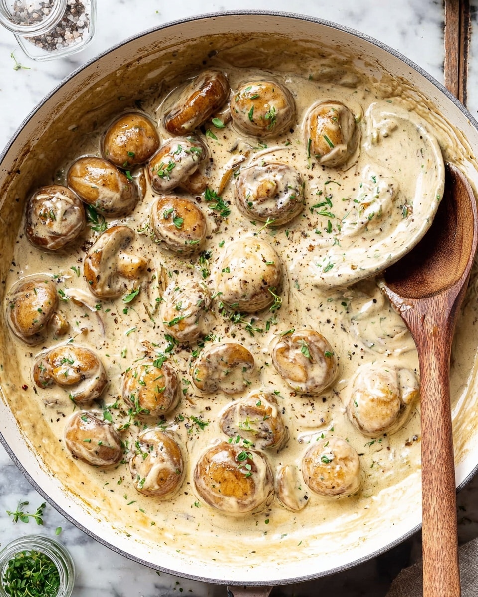 A close-up of a large pan filled with creamy mushroom sauce, showing two layers: the bottom layer is a thick, light beige cream sauce with specks of black pepper and green herbs, while the top layer consists of whole, golden-brown mushrooms evenly distributed inside the sauce. There is a wooden spoon resting inside the pan on the right side, partially covered in the creamy sauce. The pan is set on a white marbled surface with a small glass salt shaker and some green herbs visible at the bottom edge. Photo taken with an iphone --ar 4:5 --v 7