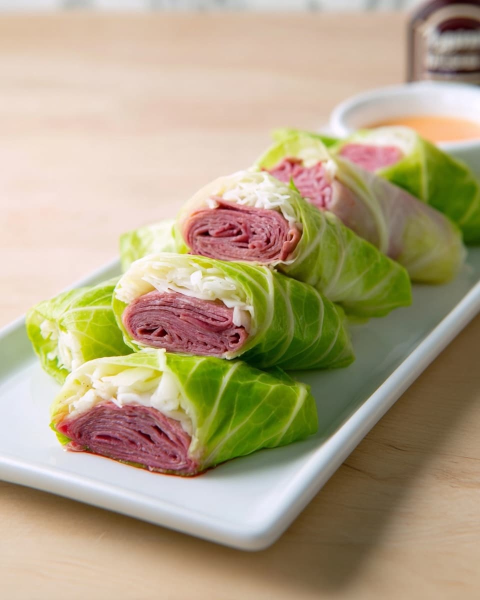 The image shows several rolls made with three visible layers: the outer layer is bright green cabbage leaves with a smooth, slightly glossy texture; inside this is a layer of white shredded cabbage or sauerkraut, soft and slightly translucent; the innermost layer consists of thin slices of deep pink corned beef with visible grain and a tender look. The rolls are placed close together on a white rectangular plate with clean edges, sitting on a white marbled surface. Photo taken with an iphone --ar 4:5 --v 7