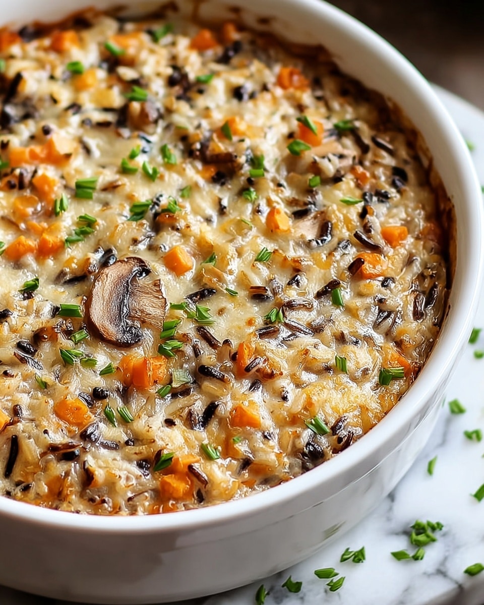 A white round baking dish filled with a creamy mixed rice casserole featuring one main layer. The dish shows a mix of soft cream-colored rice and wild rice grains in dark brown, combined with orange carrot slices and cooked mushroom pieces. The surface is slightly browned and bubbly, garnished with chopped green herbs scattered on top. The dish rests on a white marbled texture background. photo taken with an iphone --ar 4:5 --v 7
