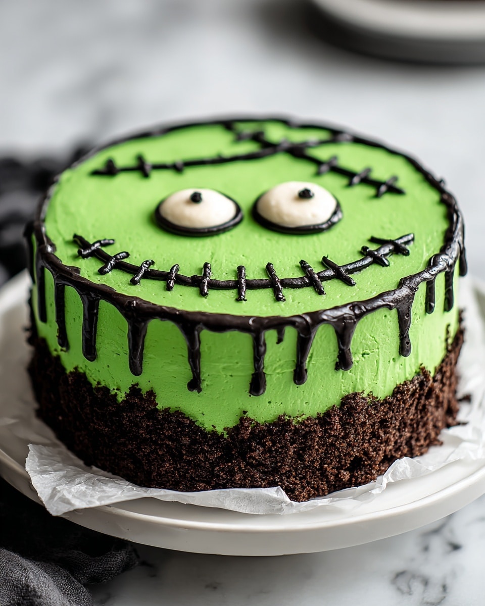 A round, two-layer cake sits on white parchment paper over a white plate, placed on a white marbled surface. The bottom layer is dark chocolate crumb with a rough texture, while the top layer is smooth bright green frosting covering the entire cake. Black frosting creates a stitched smile across the middle front of the green layer, with additional small black stitches on the side. Two large eyes made of white and black frosting sit near the top, and a horizontal stitched scar made of black frosting is across the top center. Black drip-like lines run down the side of the green frosting. Photo taken with an iphone --ar 4:5 --v 7