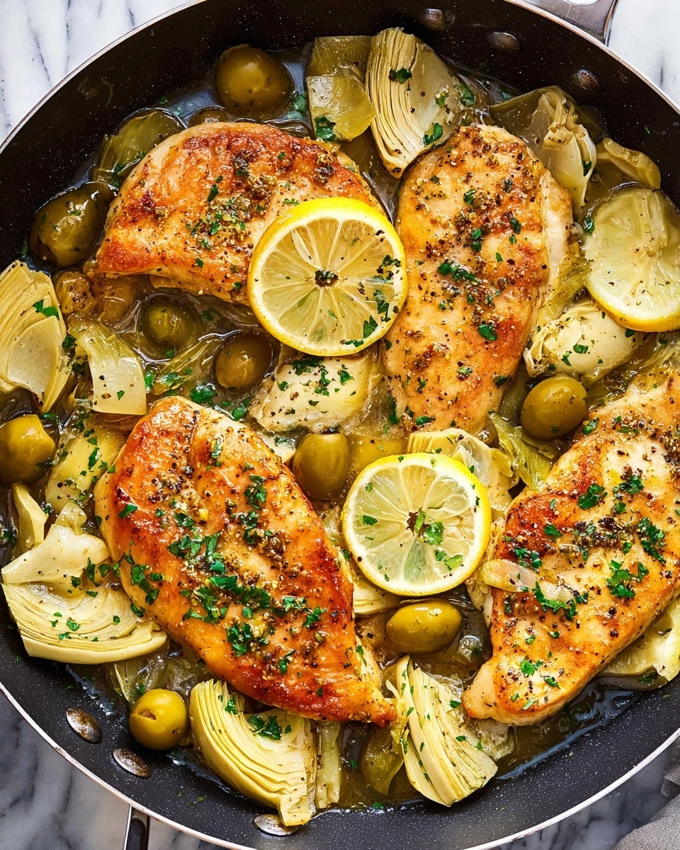 The image shows a close-up of golden-brown cooked chicken breasts sitting in a pan, surrounded by layers of green olives and pale yellow artichoke hearts. Thin bright yellow lemon slices with some seeds are scattered on top and around the chicken, adding bursts of color. The chicken is seasoned with black pepper and sprinkled with small pieces of chopped green herbs. The artichokes have a soft, slightly textured look, and the olives are smooth and shiny, some whole and some sliced. The dish is in a dark pan set on a white marbled surface. photo taken with an iphone --ar 4:5 --v 7