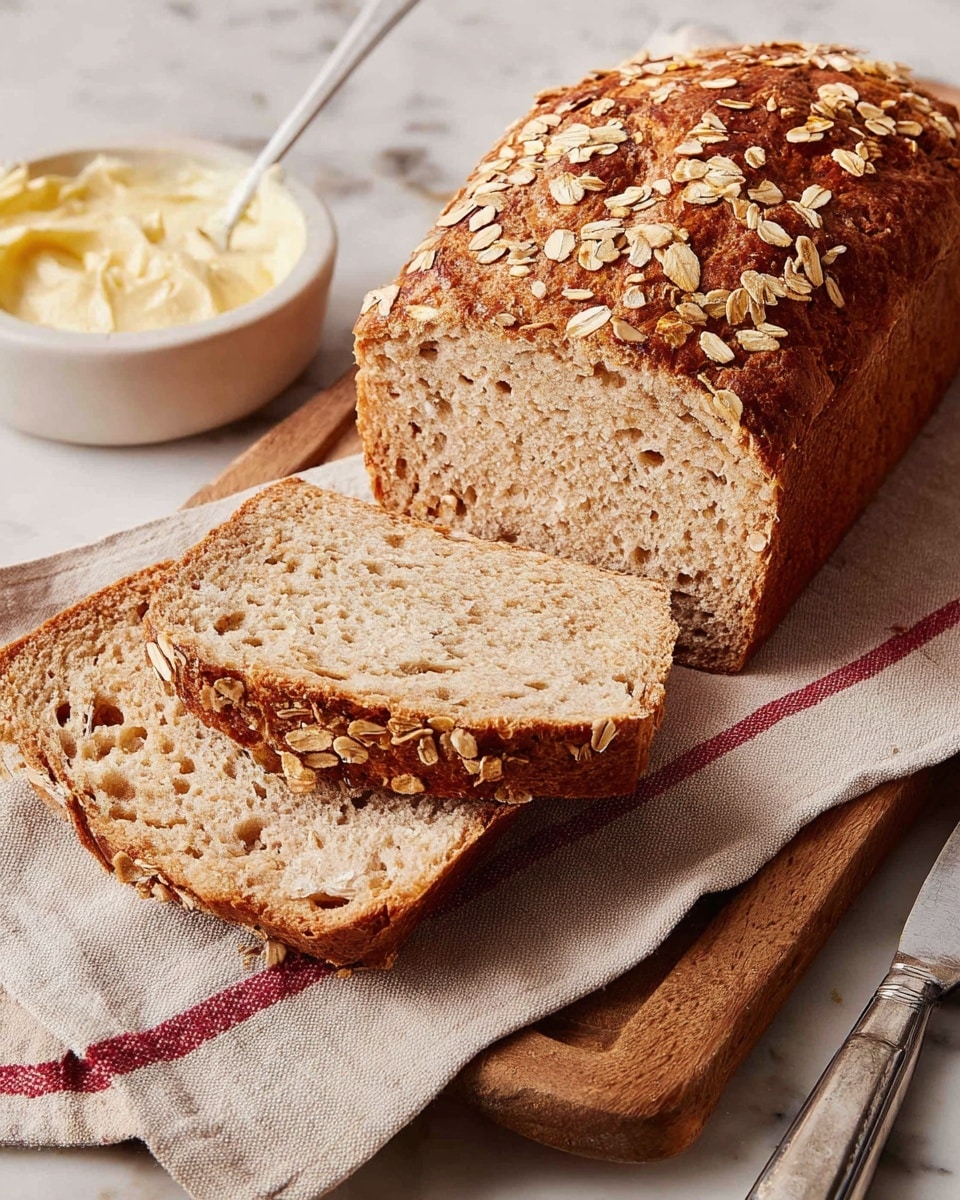 A loaf of oat-topped bread is shown on a wooden cutting board, partly sliced into three thick pieces in front and the full loaf at the back. The bread crust is golden brown with visible oat flakes on top, while the inside is light beige and textured with small holes. The board and bread rest on a beige cloth with two simple red stripes. In the foreground, there is a white bowl with creamy butter, accompanied by a silver knife handle visible beside it. The whole scene is set against a white marbled surface. photo taken with an iphone --ar 4:5 --v 7