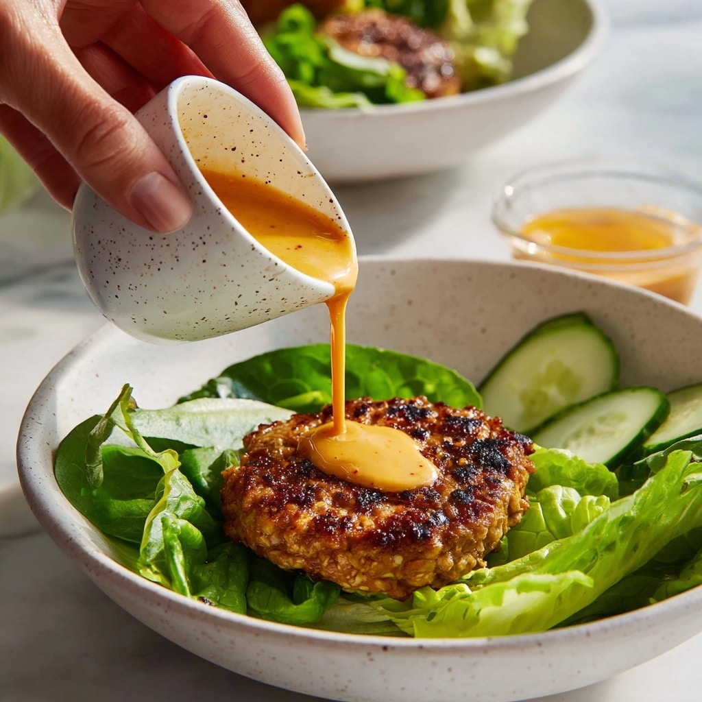 A woman's hand is pouring a smooth orange sauce from a white speckled cup onto a light brown, round patty placed on bright green lettuce leaves inside a white speckled bowl, sitting on a white marbled surface. The sauce is flowing in thin streams over the patty, which has a grilled texture with slight char marks. The lettuce underneath is fresh and crisp with varying shades of green, and there are a few slices of pale green cucumber around the patty. In the blurred background, another bowl with a similar dish is partially visible, and a small glass bowl of the orange sauce is also seen on the white marbled surface. Photo taken with an iphone --ar 4:5 --v 7