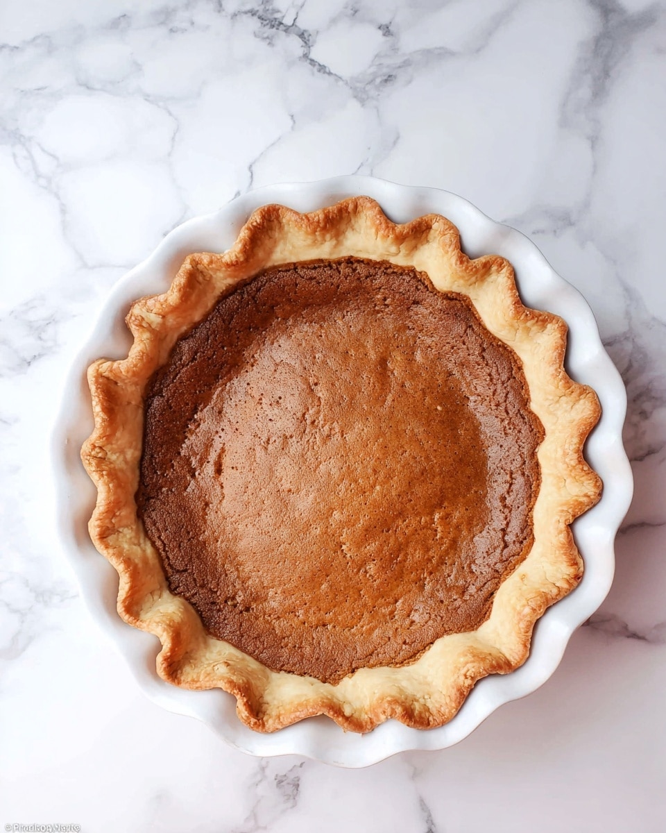 A close-up of a single slice of brown pie with a light golden crust, topped with a white swirl of whipped cream sprinkled with cinnamon, placed on a white plate on a white marbled surface. In the background, there are two more similar pie slices on white plates and a full pie in a clear glass pie dish, all slightly out of focus. The scene shows a clean and bright kitchen setting with a white tiled wall and cream-colored containers with brown lids in the back. Photo taken with an iphone --ar 4:5 --v 7
