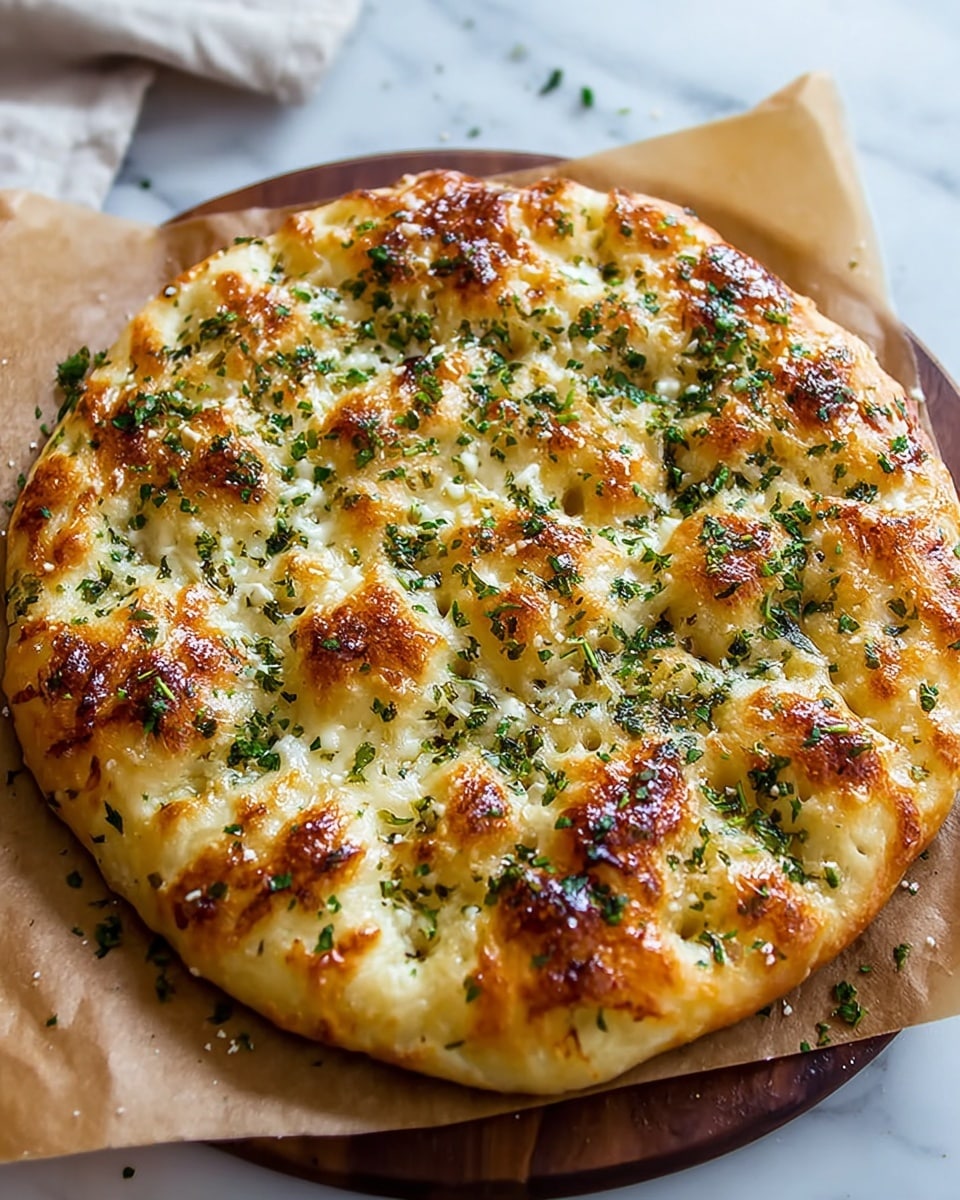 A round focaccia bread with a shiny, golden-brown top covered in melted cheese showing browned spots, and sprinkled evenly with chopped green herbs, resting on brown parchment paper on a dark wooden board, all placed on a white marbled surface. The bread has an uneven, bumpy texture with visible dimples filled with herbs and cheese. Photo taken with an iphone --ar 4:5 --v 7