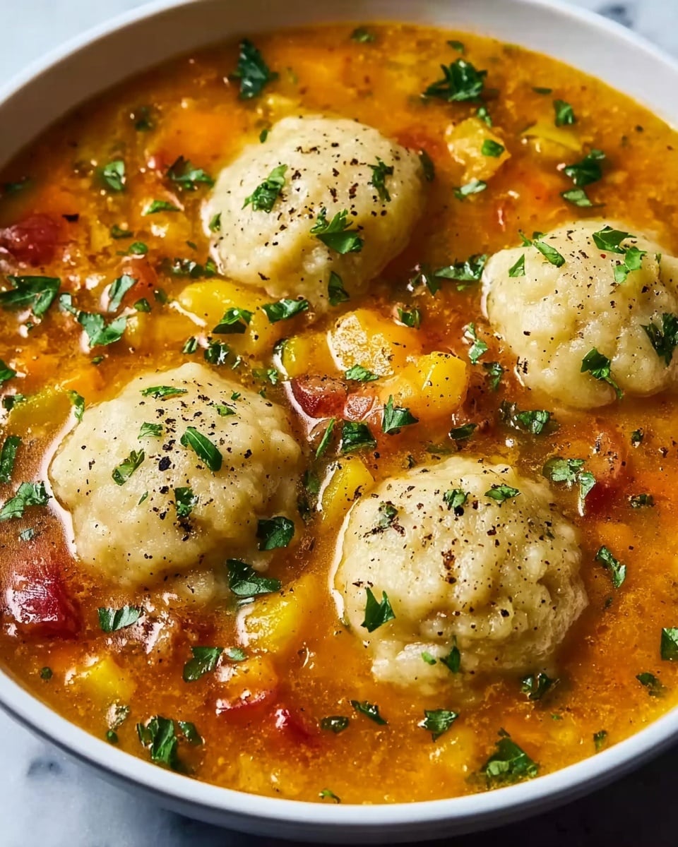 This image shows a close-up of a bowl filled with a thick orange soup dotted with small yellow and red vegetable chunks. On top, there are five round dumplings with a soft, pale beige dough texture, each sprinkled lightly with black pepper and chopped green herbs. The soup base looks rich and slightly chunky, with fresh green parsley scattered all over. The bowl is white and it sits on a white marbled surface. photo taken with an iphone --ar 4:5 --v 7