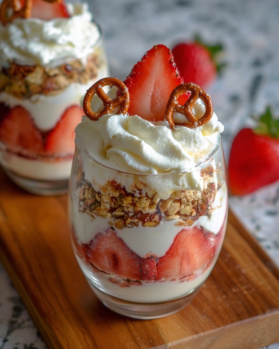 This image shows a dessert in a clear glass with multiple layers. From the bottom, there is a layer of sliced red strawberries followed by a creamy white layer. Above this, there is a layer of crumbly brown granola. Then another layer of sliced strawberries is visible, topped again by cream. On top of this, there is another granola layer, and the dessert is finished with a fluffy white whipped cream layer. The top is decorated with a single fresh red strawberry slice and two small brown pretzels. The glass is placed on a wooden board with another similar dessert slightly blurred in the background and a strawberry nearby. The surface under the board is a white marbled texture. photo taken with an iphone --ar 4:5 --v 7