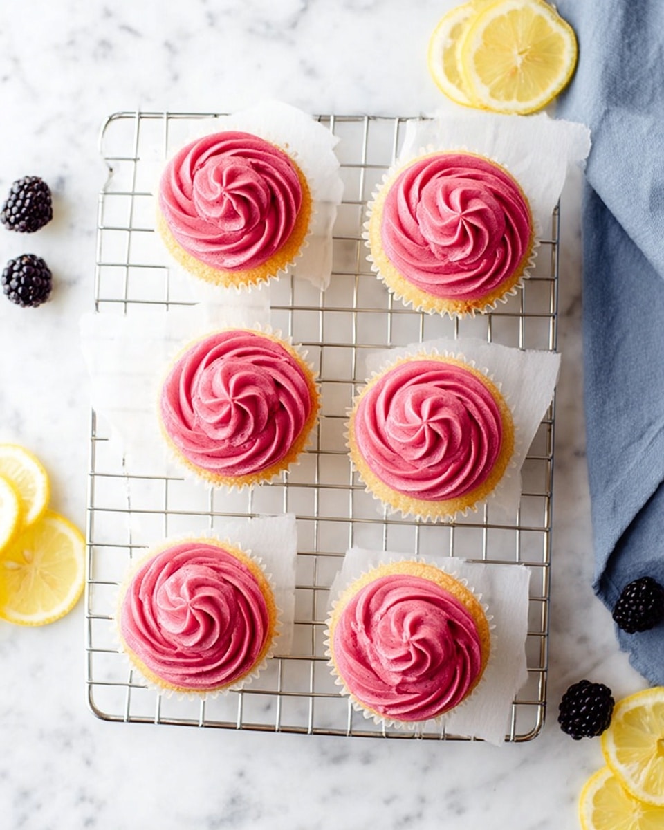 Six cupcakes are placed on a white cooling rack lined with white paper on top of a white marbled surface. Each cupcake has a light golden base and is topped with a single thick swirl of bright pink frosting that looks smooth and creamy with soft ridges. The cupcakes are arranged in two columns and three rows with small even spaces between them. Around the rack, there are slices of lemon and a few blackberries, along with a blue cloth partly visible on the top right corner. The overall look is clean, bright, and fresh. photo taken with an iphone --ar 4:5 --v 7