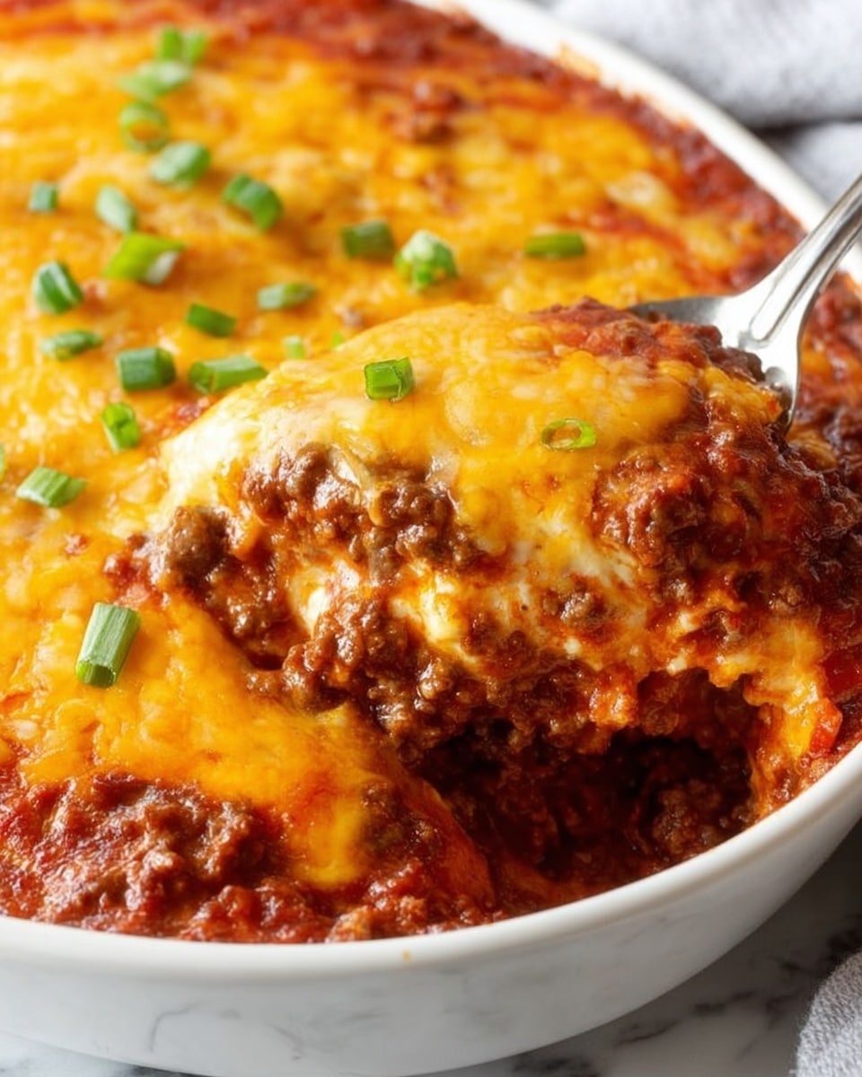 The image shows a close-up of a cheesy baked dish in a white round pan on a white marbled surface. The dish has multiple layers visible: the bottom layer is a red tomato sauce, followed by a thick layer of cooked ground meat mixed with red sauce. On top of the meat is a rich golden-yellow melted cheese layer with a slightly browned texture, sprinkled with small green pieces that look like chopped green onions. A metal spoon scoops out a portion, showing the thick, hearty layers inside. Photo taken with an iphone --ar 4:5 --v 7