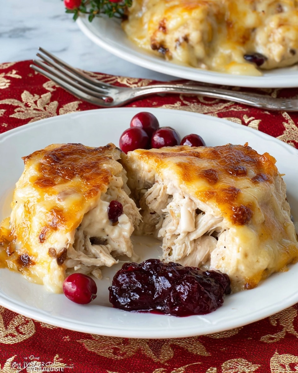 A white plate holds a stuffed, golden brown, baked casserole piece covered in melted cheese with some browned spots, split open to reveal a filling of white shredded meat and a single red cranberry inside. Next to the casserole is a small serving of dark red chunky cranberry sauce. The plate sits on a red and cream patterned cloth, and in the background is another white plate with more of the cheesy casserole on a white marbled surface. photo taken with an iphone --ar 4:5 --v 7