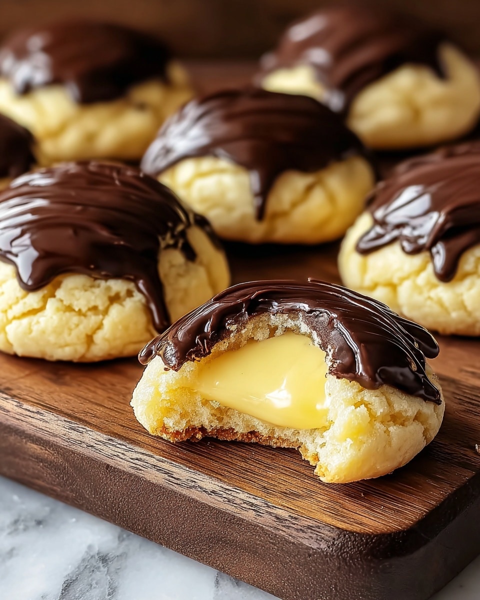 The image shows several cookies placed on a dark wooden board. Each cookie has two visible layers: a light yellow, crumbly outer cookie layer with a cracked texture, and a glossy, creamy yellow custard filling inside. The top of each cookie is covered with a thick, dark chocolate layer that is smooth and slightly drips down the sides. One cookie in the front has a bite taken out, clearly showing the creamy filling inside. The background is a white marbled texture. Photo taken with an iphone --ar 4:5 --v 7