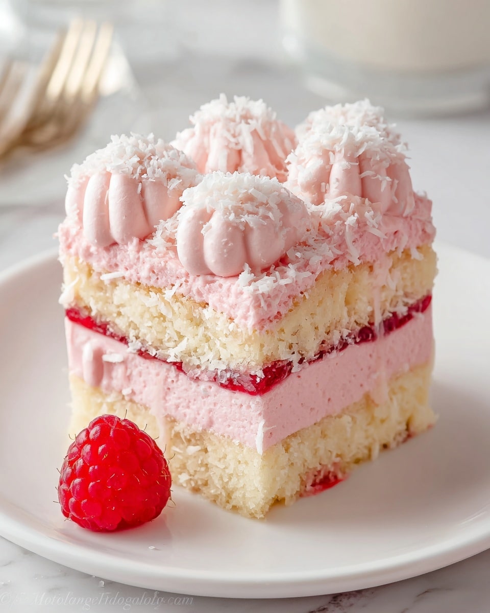 A square dessert with three visible layers sits on a white round plate placed on a white marbled texture. The bottom layer is a light tan sponge cake, partially soaked with a thin red syrup. The middle layer is thick, pink creamy foam with a smooth texture, topped by another layer of the light tan sponge cake also soaked slightly with the red syrup. The top layer is a fluffy, pale pink whipped cream piped into large dollops covering the entire surface, sprinkled with fine white coconut flakes. A single fresh red raspberry rests at the base of the dessert on the plate. Photo taken with an iphone --ar 4:5 --v 7