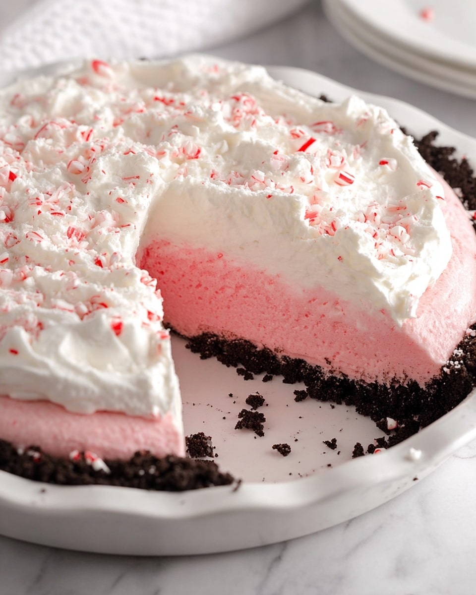 A close-up view of a pie with three visible layers in a white pie dish on a white marbled surface. The bottom layer is a crumbly, dark chocolate cookie crust, rough in texture and holding the pie together. Above the crust is a thick, smooth, bright pink creamy layer that looks soft and airy. The top layer is a thick, fluffy white whipped cream, spread evenly across the pie, decorated with small crushed candy cane pieces adding tiny red and white spots all over. One slice is slightly separated, showing the layers clearly. Photo taken with an iphone --ar 4:5 --v 7