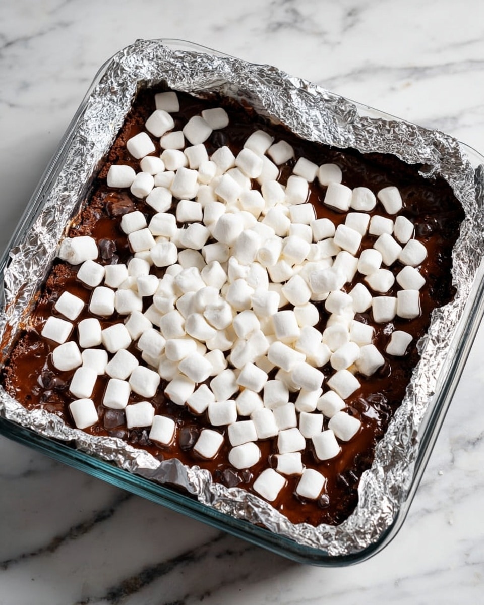 A glass square baking dish lined with crinkled silver aluminum foil holds a dessert with two visible layers. The bottom layer is a thick dark brown chocolate layer with a shiny, slightly uneven texture. The top layer is covered evenly with small, white, cylindrical marshmallows scattered across the chocolate. The dish is placed on a white marbled textured surface. Photo taken with an iphone --ar 4:5 --v 7