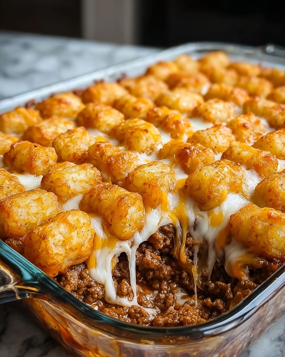The dish is a baked casserole in a clear glass tray filled with two visible layers. The bottom layer is ground beef cooked in a rich brown sauce, appearing moist and crumbly. The top layer consists of golden-brown baked tater tots closely packed together, covered with melted cheese that is a mix of white and orange shades, stretching down from the tater tots to the meat layer below. The cheese looks gooey and slightly crispy on the edges, giving a warm and appetizing look. The casserole rests on a white marbled textured surface. photo taken with an iphone --ar 4:5 --v 7