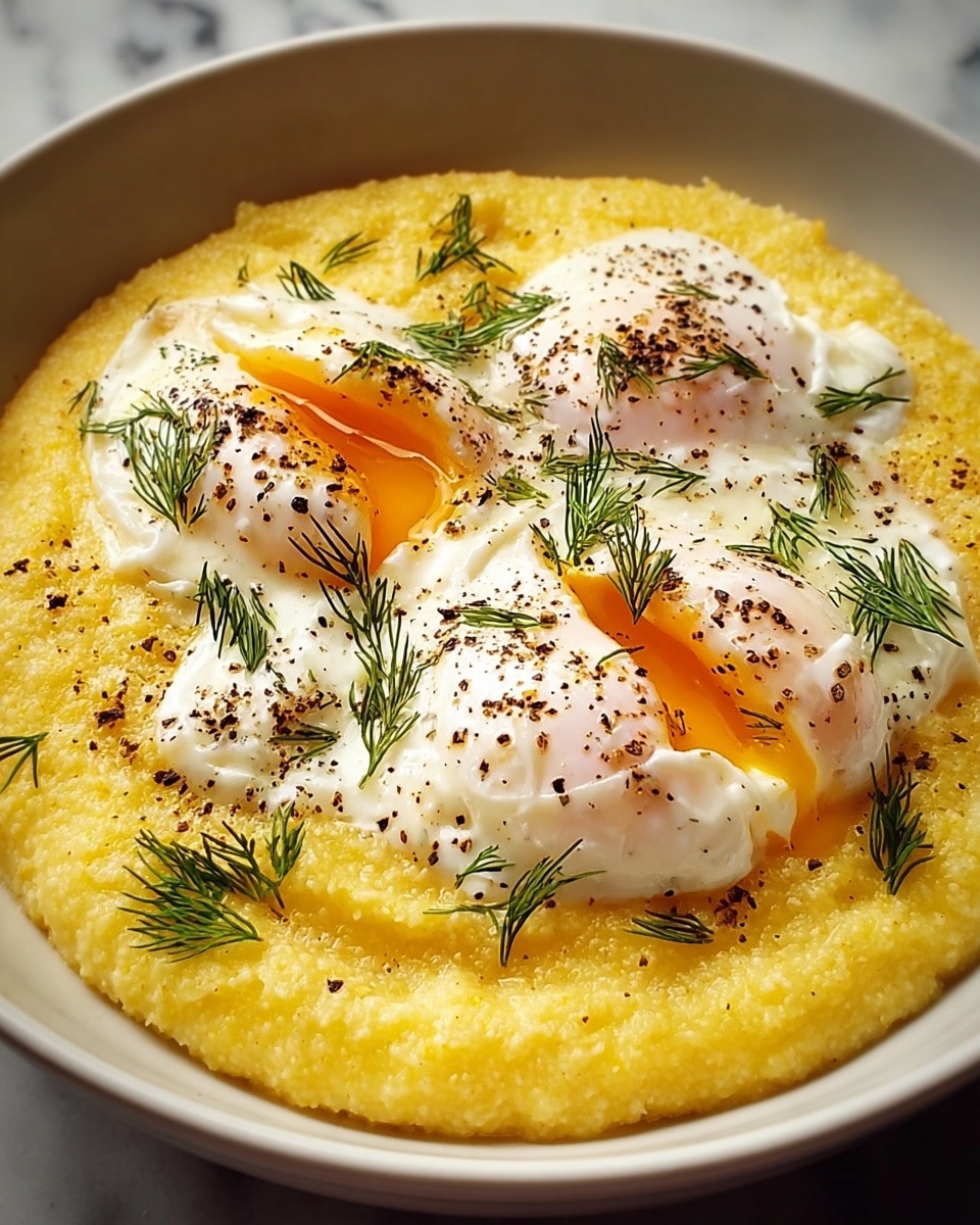 A white bowl holds a thick layer of smooth yellow polenta as the base, covering the entire bottom. On top, there are three poached eggs with soft, slightly runny orange yolks surrounded by tender white egg whites. The eggs are sprinkled with coarse black pepper and small green dill sprigs scattered across the dish for freshness and color contrast. The polenta has a creamy, slightly grainy texture, while the eggs look soft and delicate. The scene is set on a white marbled texture surface. photo taken with an iphone --ar 4:5 --v 7