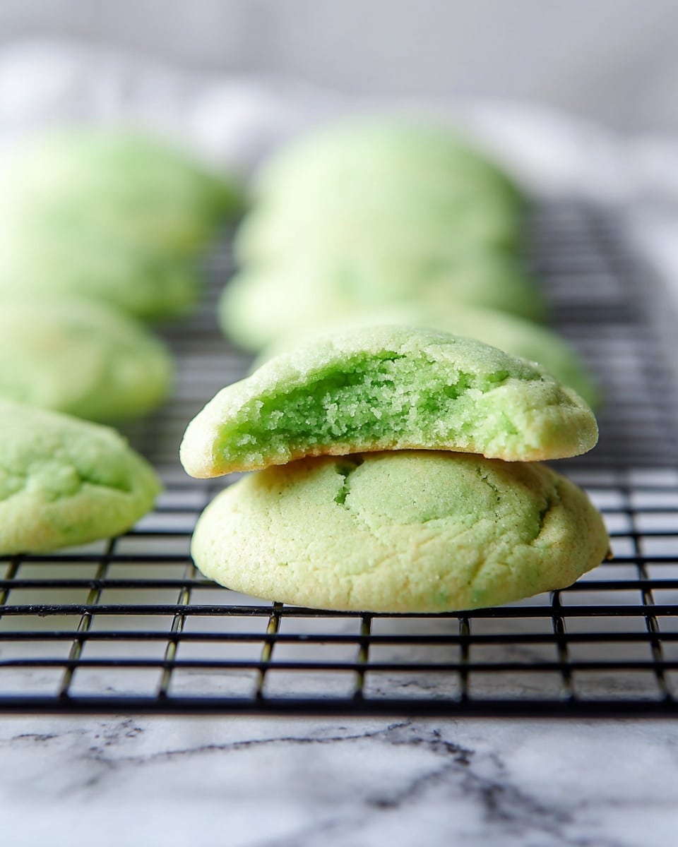A small stack of soft, round green cookies with a smooth top surface sits on a black cooling rack over a white marbled surface. The cookie in the front has a bite taken out, showing a light, crumbly inside that is slightly darker green than the outer layer. The cookies behind it appear plump and similar in size, arranged in a neat row that fades into a soft blur. The photo has soft natural lighting that highlights the cookie texture and color photo taken with an iphone --ar 4:5 --v 7