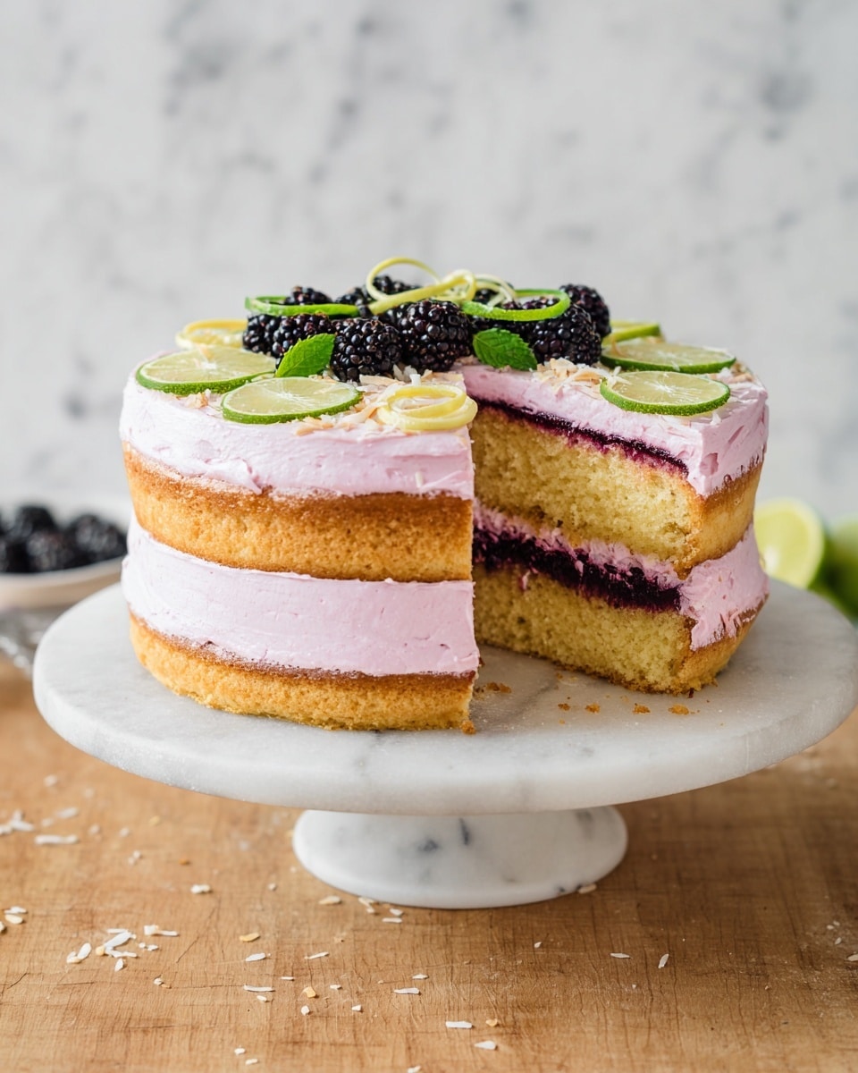A three-layer yellow cake with light pink frosting covers the whole cake, which sits on a white marble cake stand. Between each cake layer is a thin, dark purple filling spread evenly. The cake is decorated on top with blackberries, small lime slices, lime peels curled into spirals, and a few green mint leaves. The frosting has a smooth yet slightly textured look on the sides. Some toasted coconut flakes are sprinkled on top and around the cake stand. The cake is placed on a wooden surface with a white marbled texture background. photo taken with an iphone --ar 4:5 --v 7
