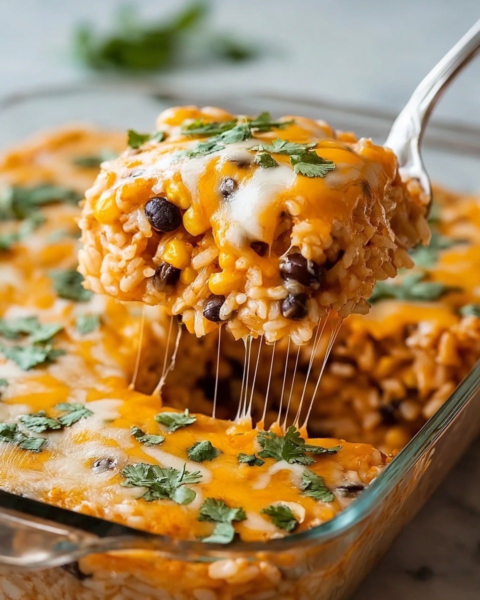 A close-up of a cheesy rice casserole being lifted with a silver spoon, showing three visible layers: the bottom layer has cooked white rice mixed with black beans and corn, the middle layer is melted orange cheese stretching with strings, and the top layer is golden melted cheese sprinkled with fresh green cilantro leaves. The glass baking dish holding the casserole sits on a white marbled surface, with more cilantro decorating the top layer. Photo taken with an iphone --ar 4:5 --v 7