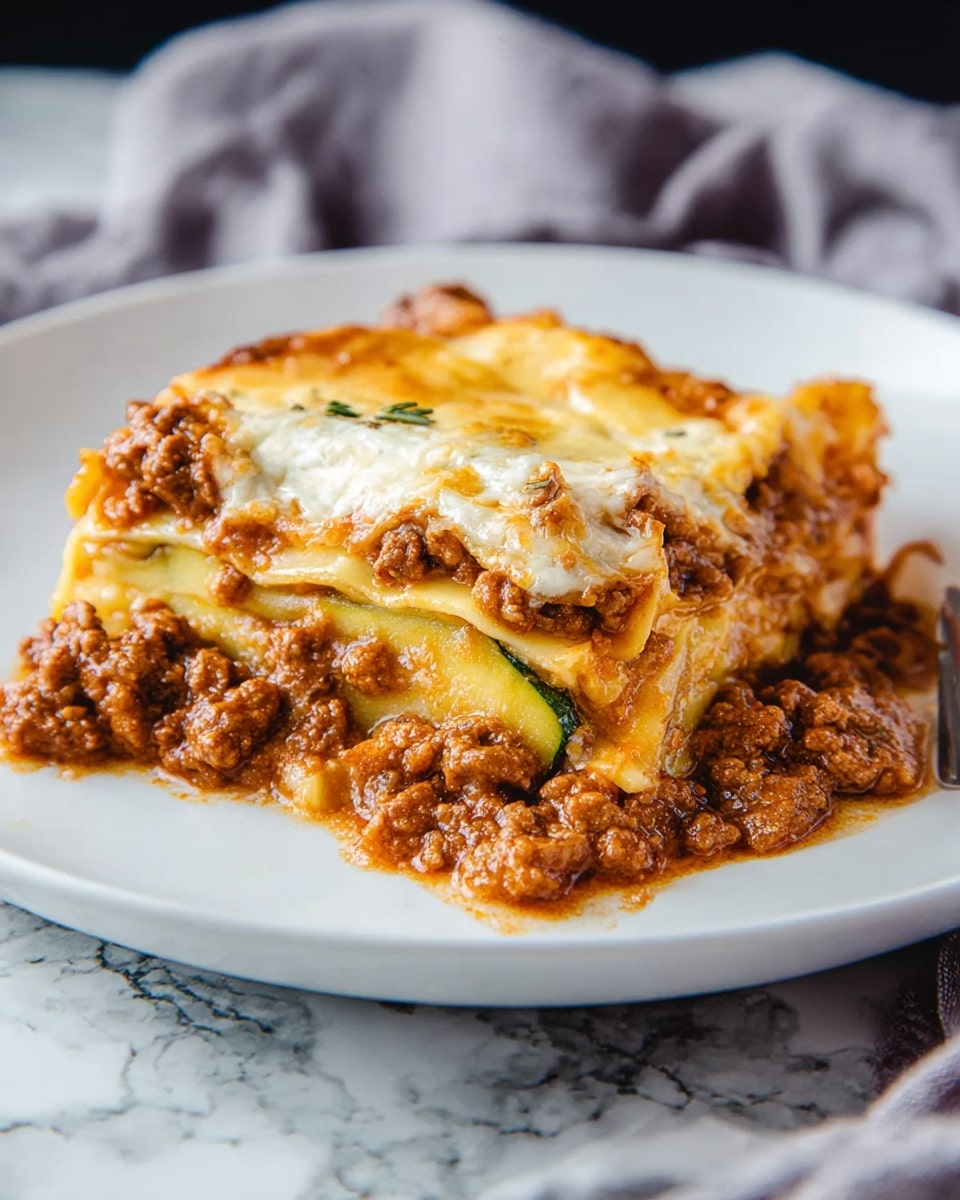 A thick slice of lasagna sits on a white plate, showing distinct layers. The bottom layer is a rich, chunky brown meat sauce filled with small pieces of ground meat. Above that is a layer of pale yellow pasta sheets mixed with a thin layer of white creamy cheese. On top of this is another layer of meat sauce mixed with melted, golden-brown cheese that looks slightly crispy on the edges. Thin slices of green zucchini are visible between the layers of pasta and sauce. The plate is placed on a white marbled surface with soft grey fabric in the background. photo taken with an iphone --ar 4:5 --v 7